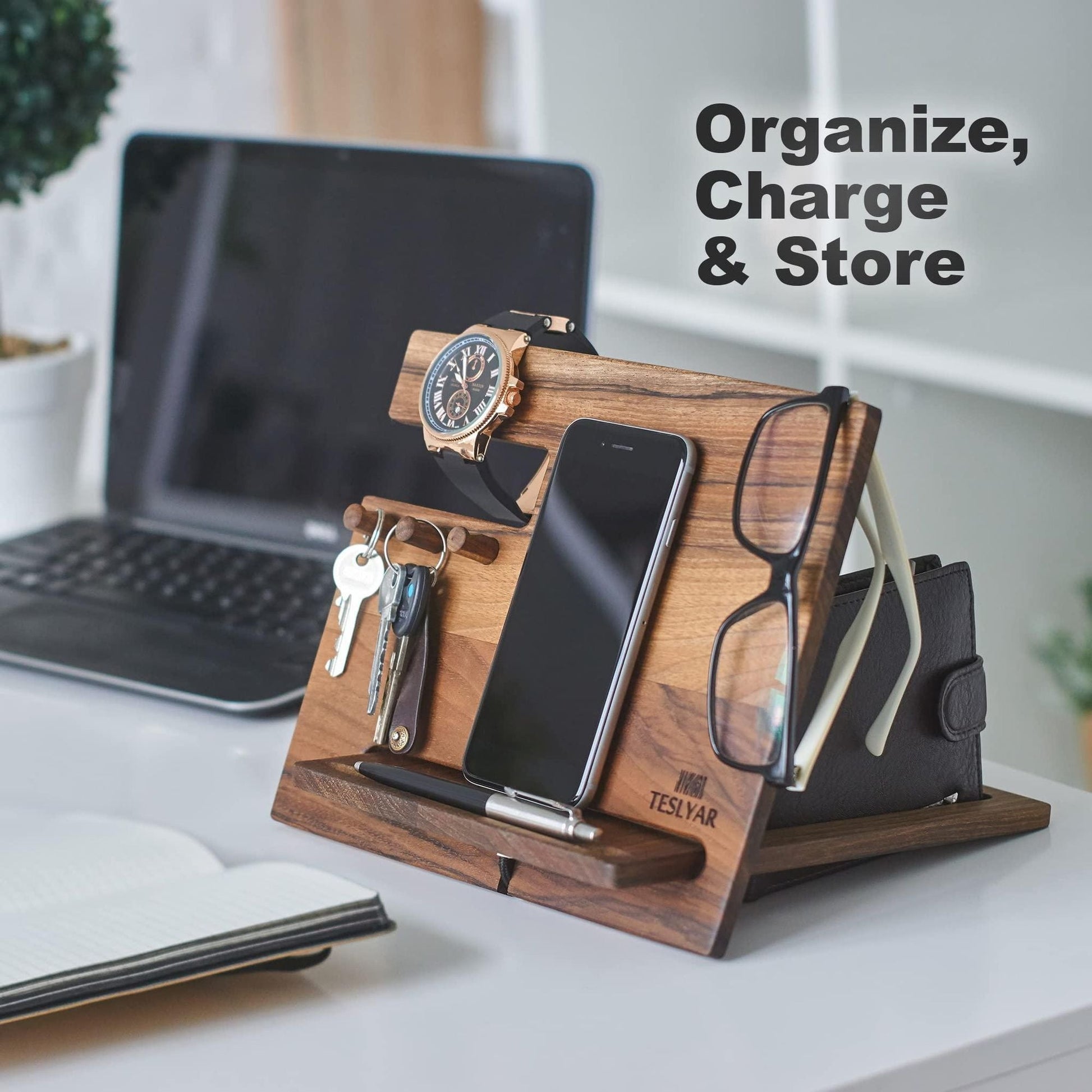 Gifts for Men Natural Walnut Wood Phone Docking Station Hooks Watch Organizer Men Husband Anniversary Birthday Nightstand Purse Father Graduation Male Idea Gadgets Solid - DelightsDownSouth