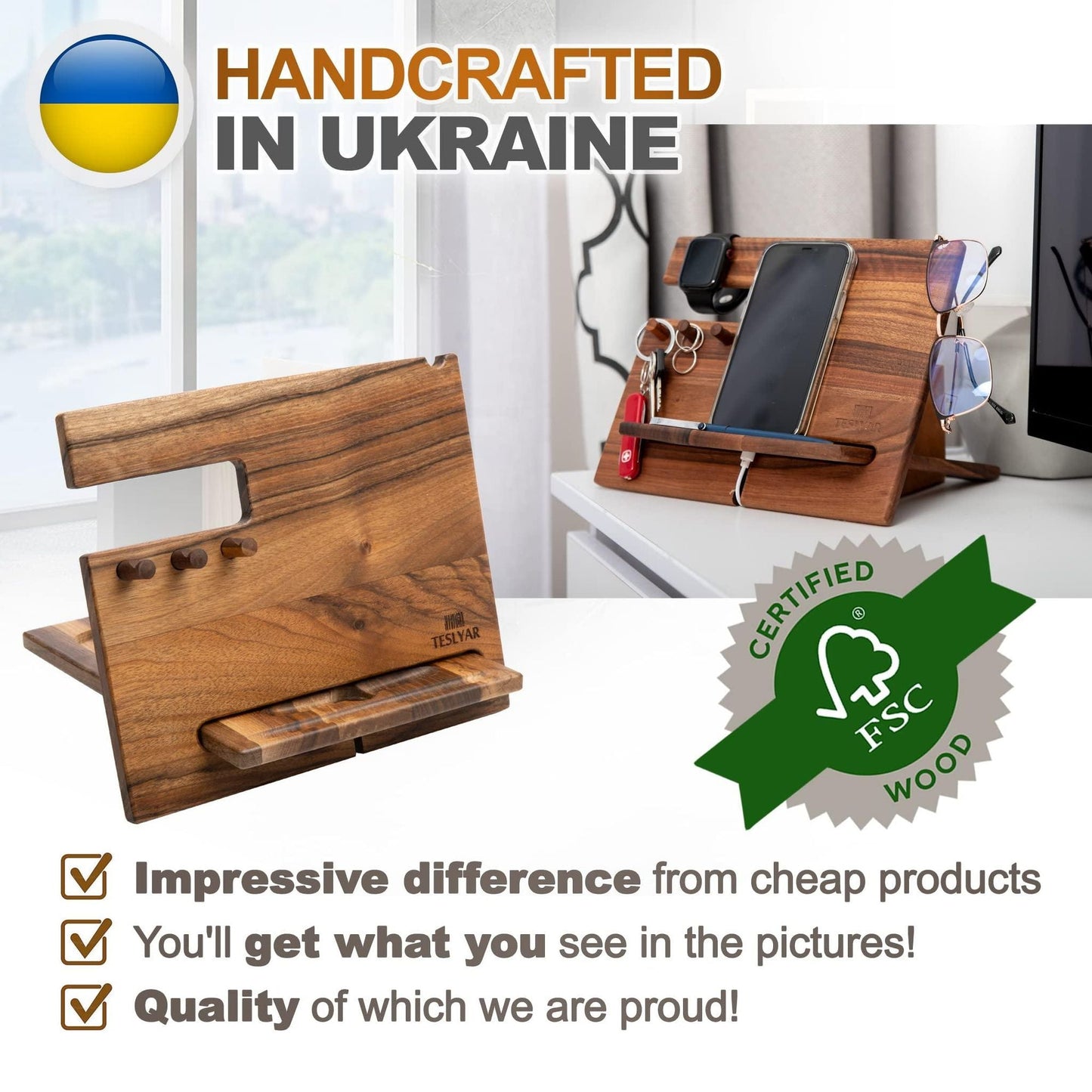 Gifts for Men Natural Walnut Wood Phone Docking Station Hooks Watch Organizer Men Husband Anniversary Birthday Nightstand Purse Father Graduation Male Idea Gadgets Solid - DelightsDownSouth