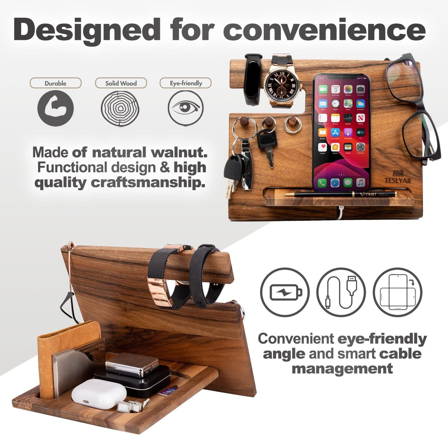 Gifts for Men Natural Walnut Wood Phone Docking Station Hooks Watch Organizer Men Husband Anniversary Birthday Nightstand Purse Father Graduation Male Idea Gadgets Solid - DelightsDownSouth