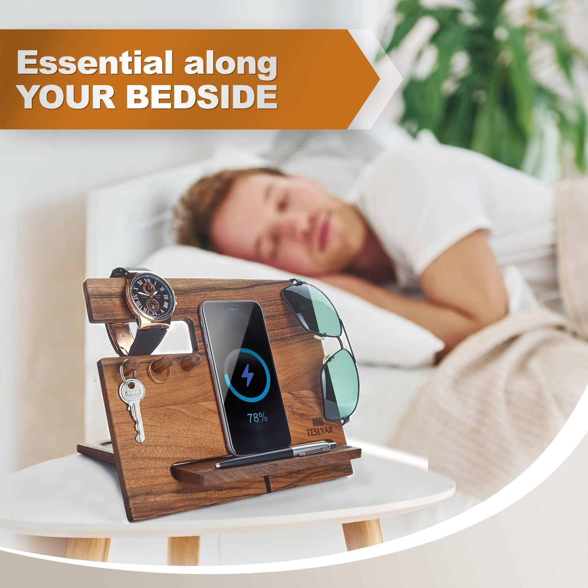 Gifts for Men Natural Walnut Wood Phone Docking Station Hooks Watch Organizer Men Husband Anniversary Birthday Nightstand Purse Father Graduation Male Idea Gadgets Solid - DelightsDownSouth