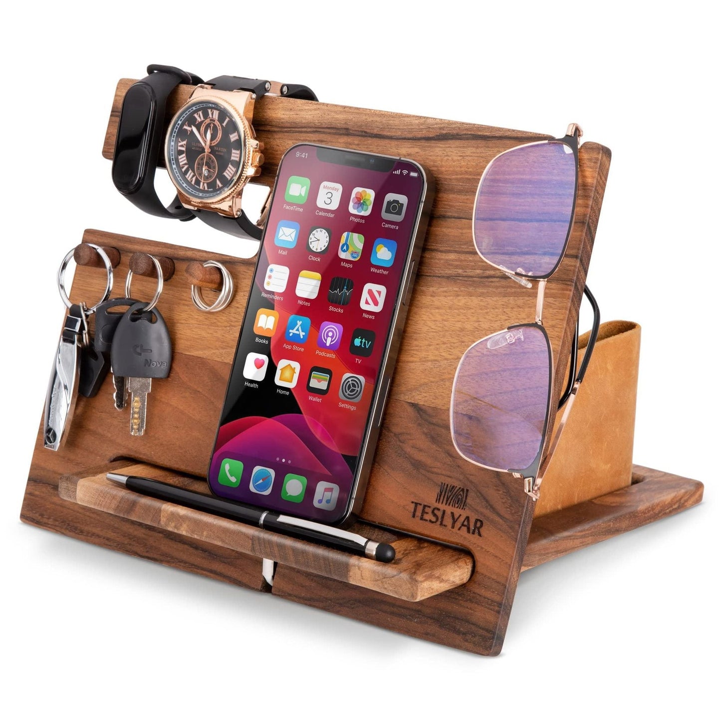 Gifts for Men Natural Walnut Wood Phone Docking Station Hooks Watch Organizer Men Husband Anniversary Birthday Nightstand Purse Father Graduation Male Idea Gadgets Solid - DelightsDownSouth