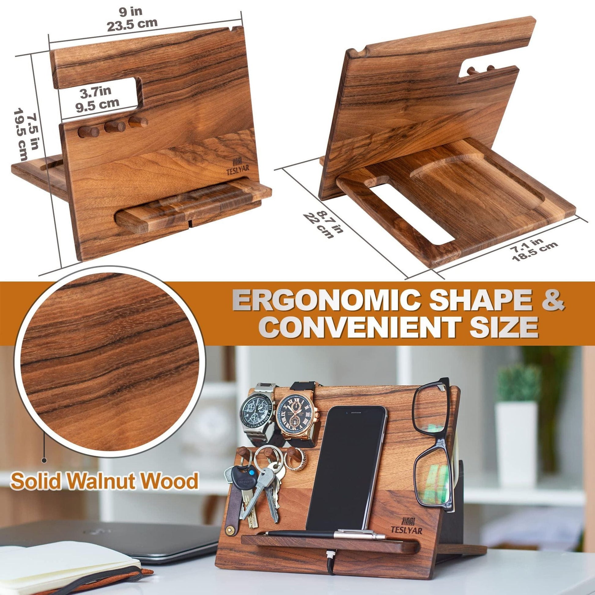 Gifts for Men Natural Walnut Wood Phone Docking Station Hooks Watch Organizer Men Husband Anniversary Birthday Nightstand Purse Father Graduation Male Idea Gadgets Solid - DelightsDownSouth