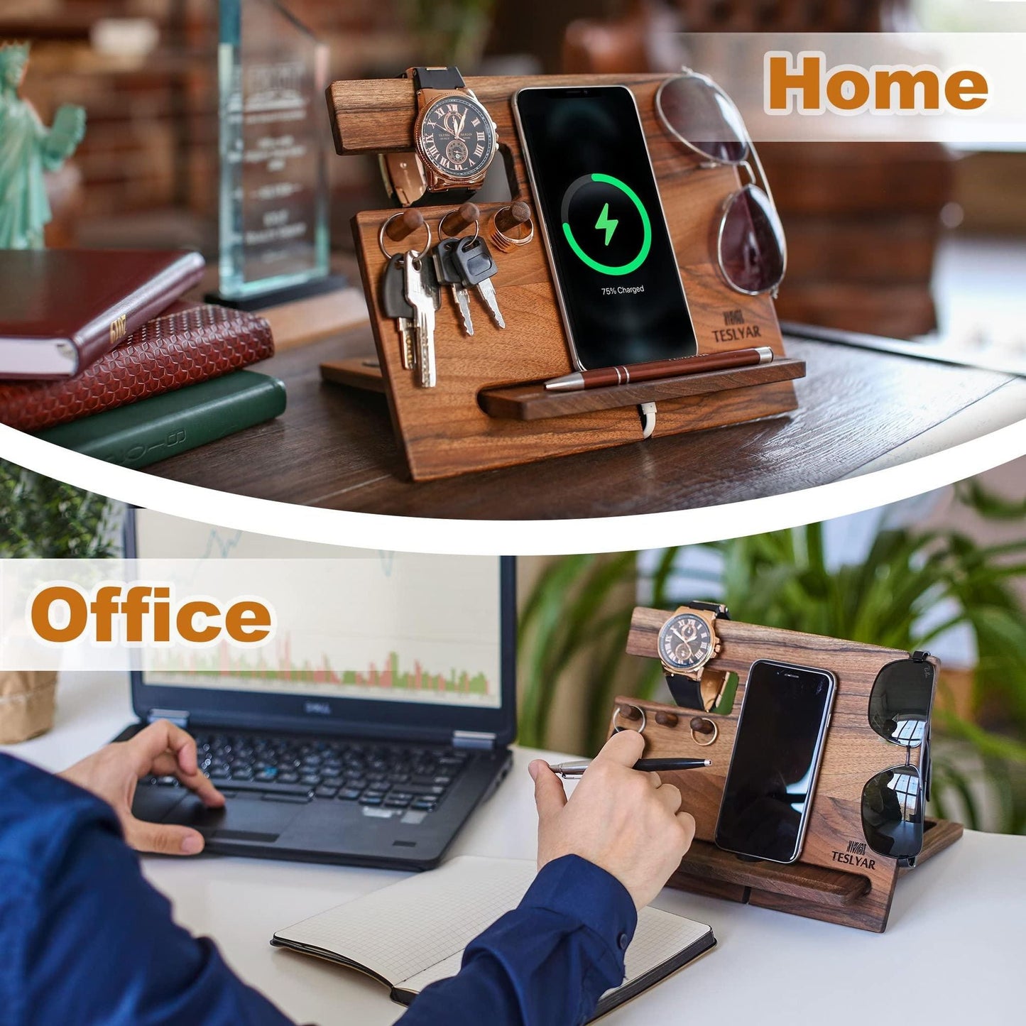 Gifts for Men Natural Walnut Wood Phone Docking Station Hooks Watch Organizer Men Husband Anniversary Birthday Nightstand Purse Father Graduation Male Idea Gadgets Solid - DelightsDownSouth
