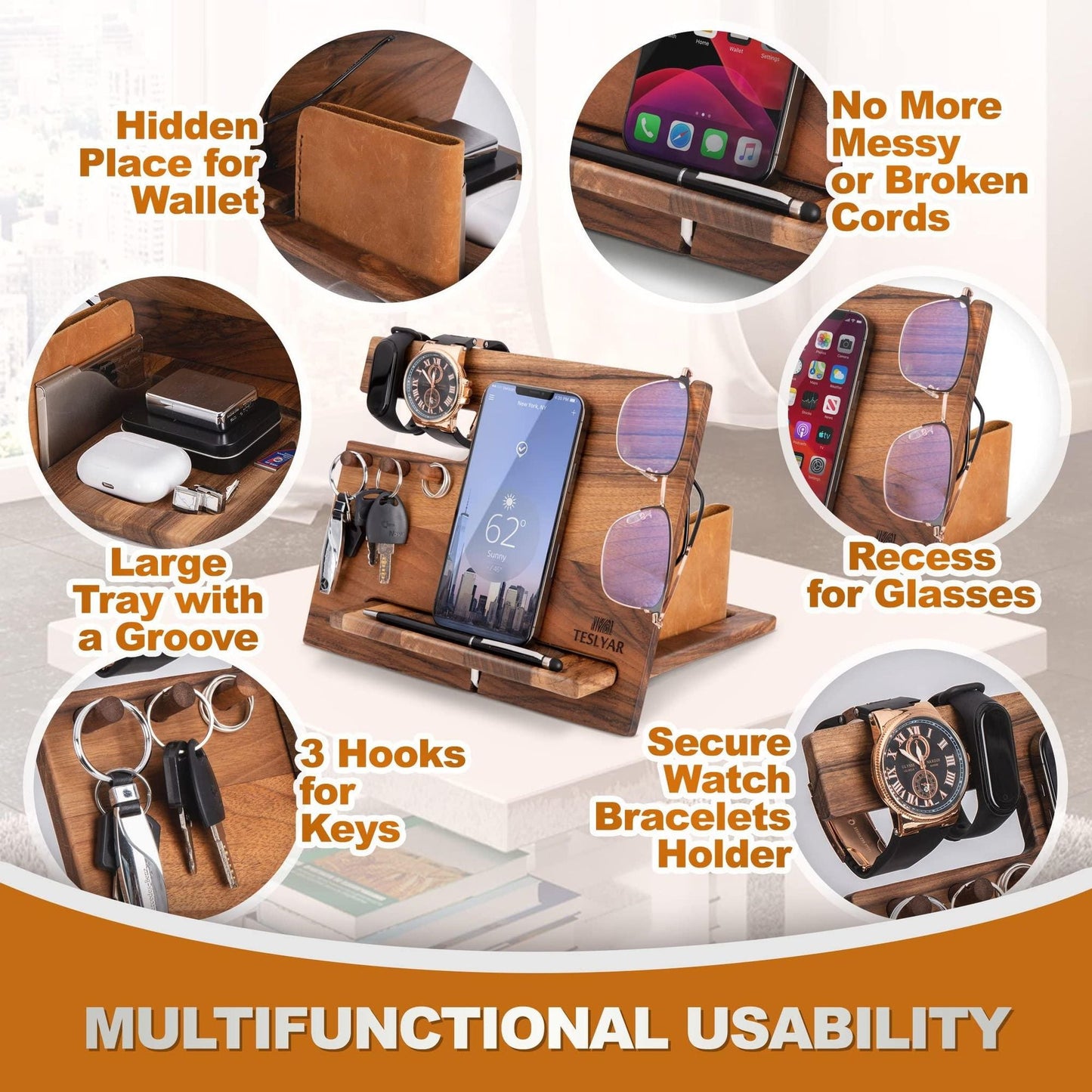 Gifts for Men Natural Walnut Wood Phone Docking Station Hooks Watch Organizer Men Husband Anniversary Birthday Nightstand Purse Father Graduation Male Idea Gadgets Solid - DelightsDownSouth