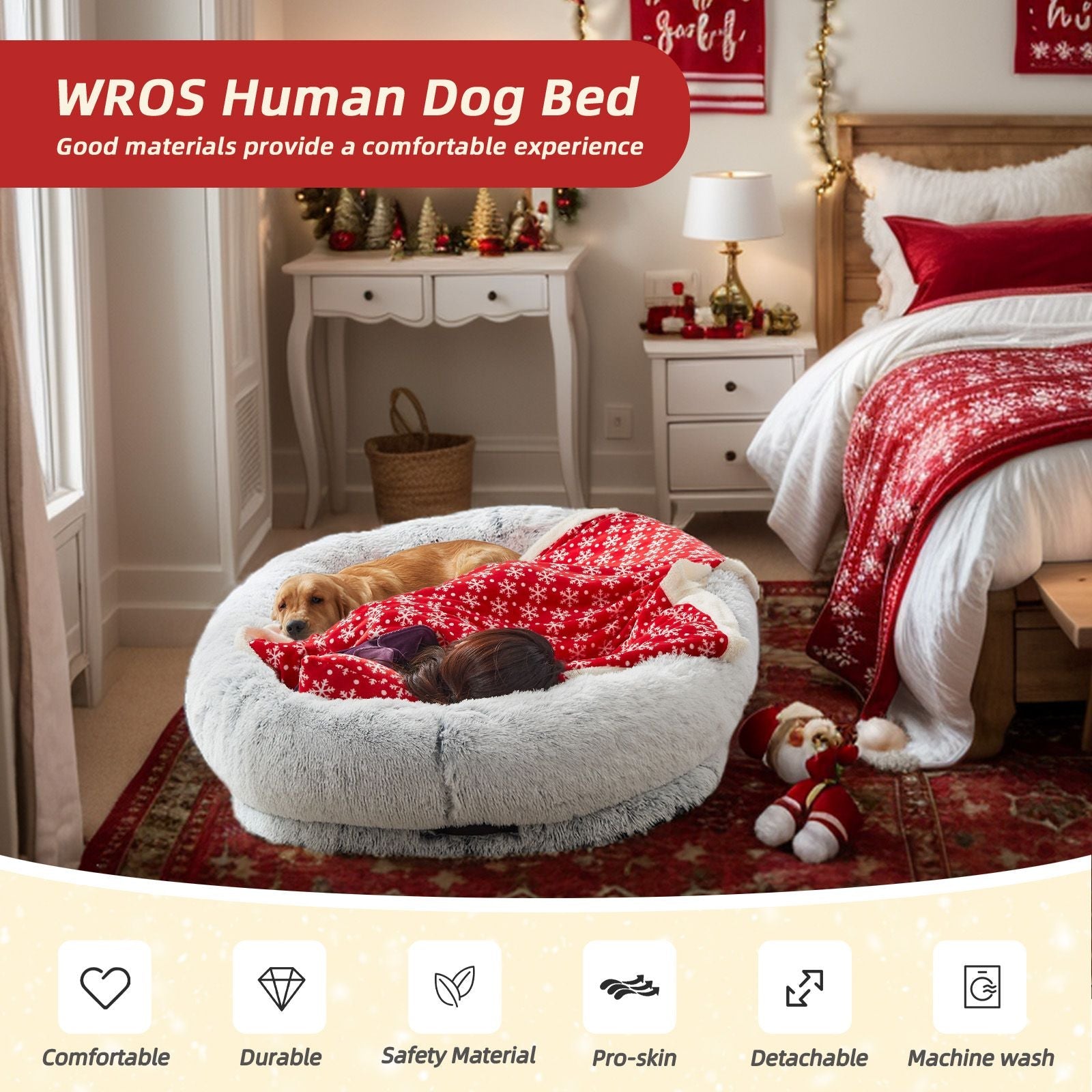 Human Dog Bed, Large Size Fits You and Pets, Washable Faux Fur Dog Bed for People Doze Off, Napping Orthopedic Dog Bed, Present Plump Pillow, Blanket, Strap - DelightsDownSouth