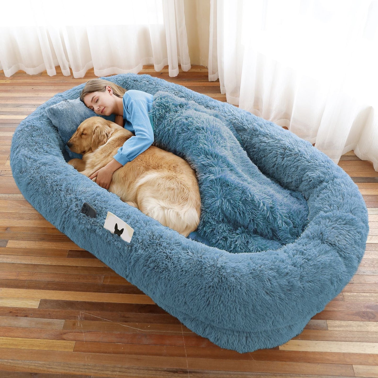 Human Dog Bed, Large Size Fits You and Pets, Washable Faux Fur Dog Bed for People Doze Off, Napping Orthopedic Dog Bed, Present Plump Pillow, Blanket, Strap - DelightsDownSouth