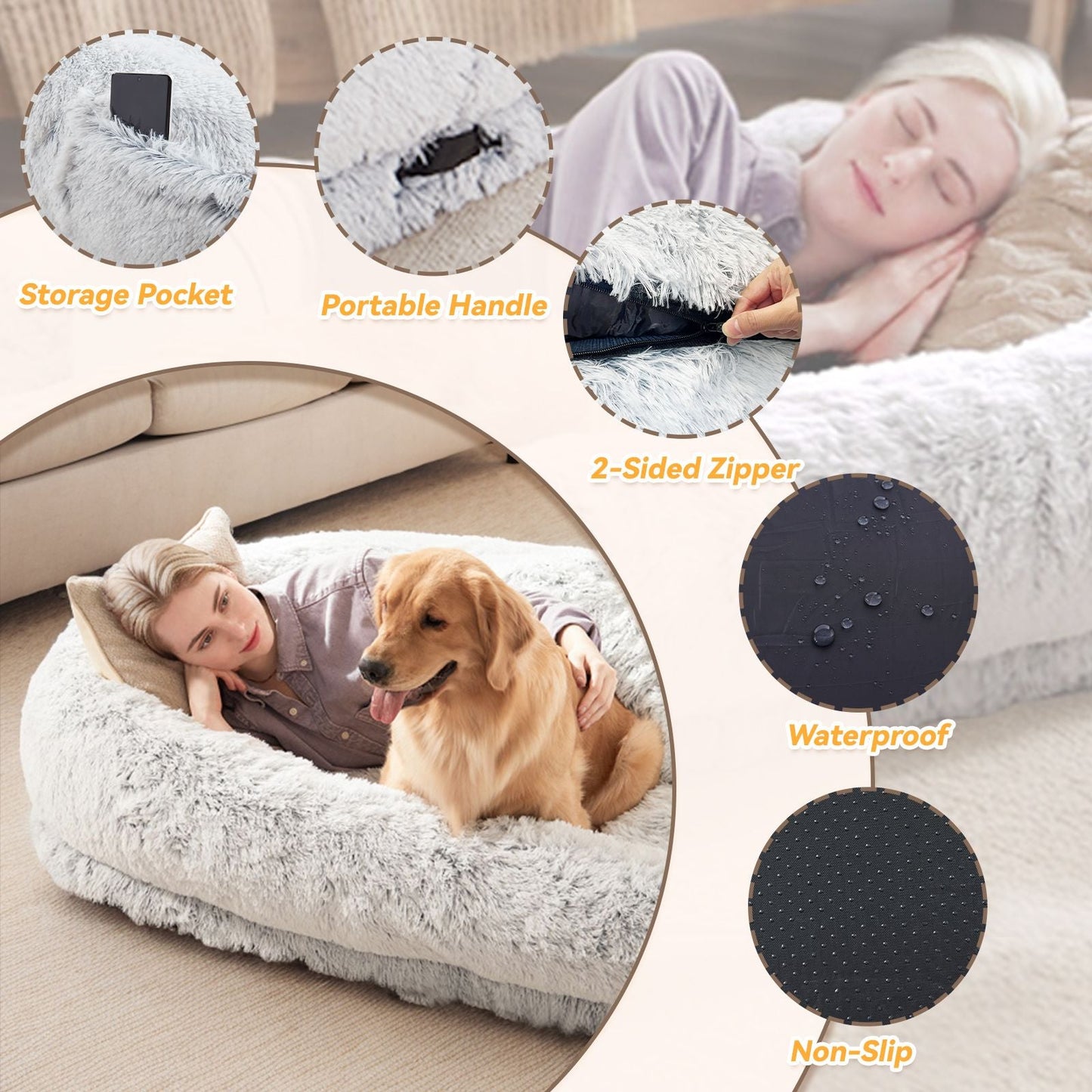 Human Dog Bed, Large Size Fits You and Pets, Washable Faux Fur Dog Bed for People Doze Off, Napping Orthopedic Dog Bed, Present Plump Pillow, Blanket, Strap - DelightsDownSouth