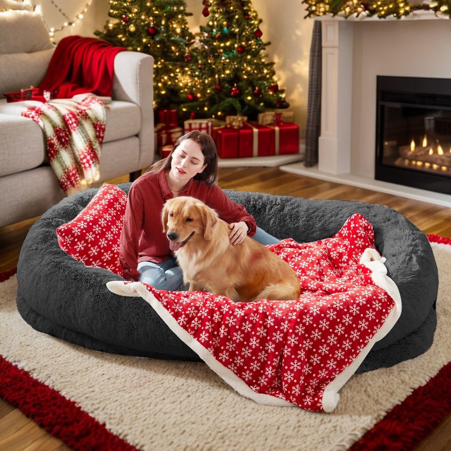 Human Dog Bed, Large Size Fits You and Pets, Washable Faux Fur Dog Bed for People Doze Off, Napping Orthopedic Dog Bed, Present Plump Pillow, Blanket, Strap - DelightsDownSouth