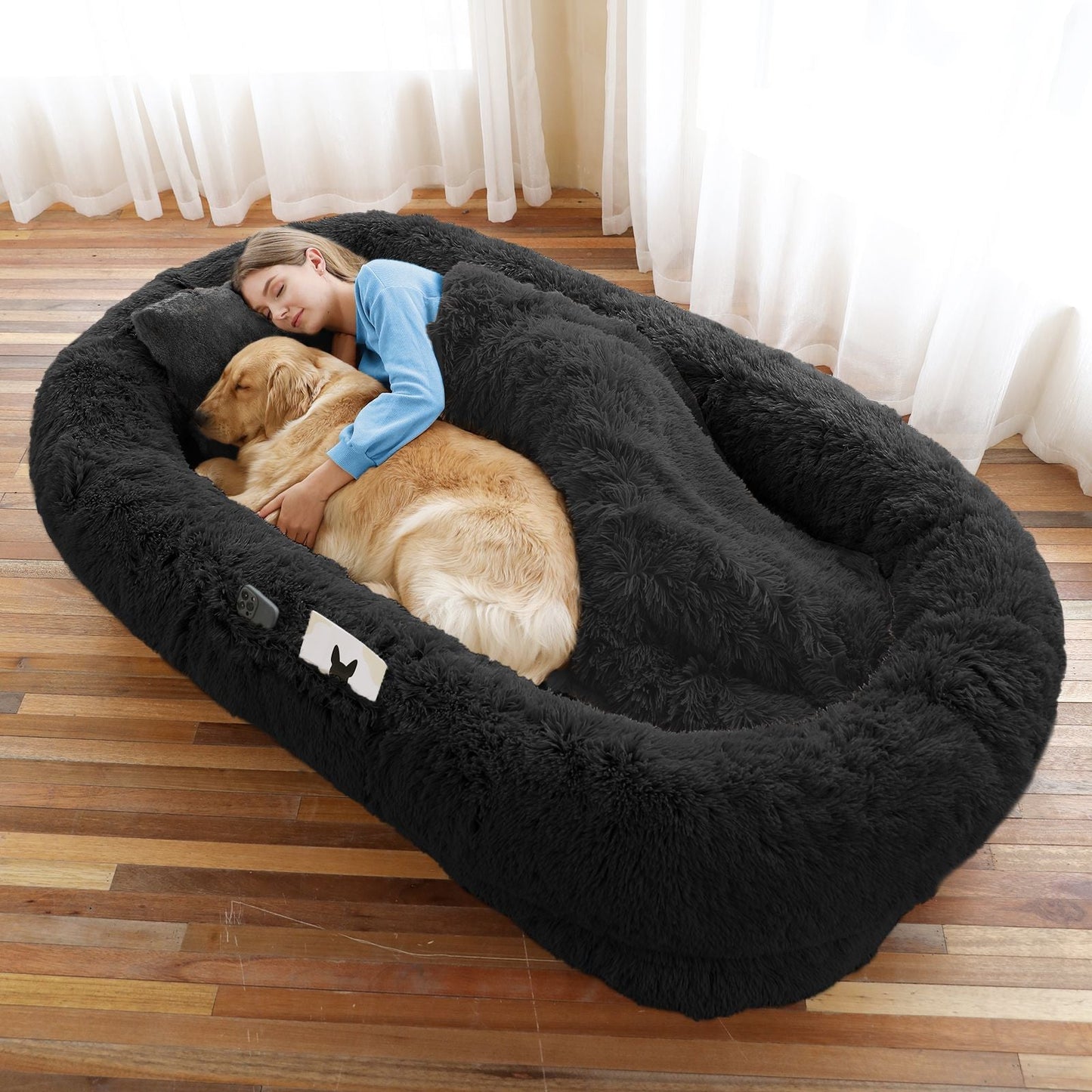 Human Dog Bed, Large Size Fits You and Pets, Washable Faux Fur Dog Bed for People Doze Off, Napping Orthopedic Dog Bed, Present Plump Pillow, Blanket, Strap - DelightsDownSouth
