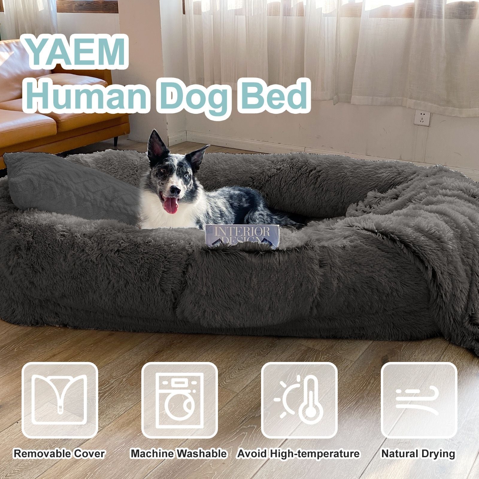 Human Dog Bed, Large Size Fits You and Pets, Washable Faux Fur Dog Bed for People Doze Off, Napping Orthopedic Dog Bed, Present Plump Pillow, Blanket, Strap - DelightsDownSouth