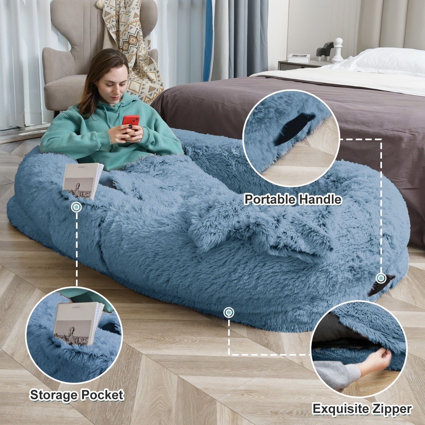 Human Dog Bed, Large Size Fits You and Pets, Washable Faux Fur Dog Bed for People Doze Off, Napping Orthopedic Dog Bed, Present Plump Pillow, Blanket, Strap - DelightsDownSouth