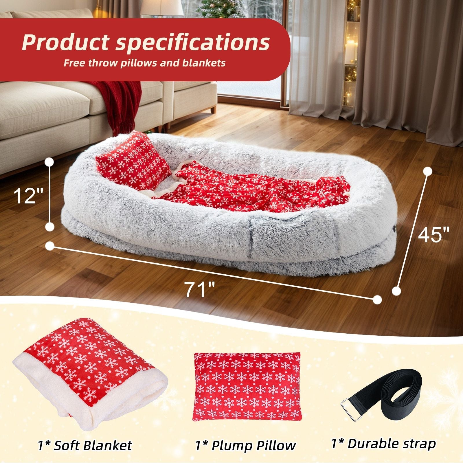 Human Dog Bed, Large Size Fits You and Pets, Washable Faux Fur Dog Bed for People Doze Off, Napping Orthopedic Dog Bed, Present Plump Pillow, Blanket, Strap - DelightsDownSouth
