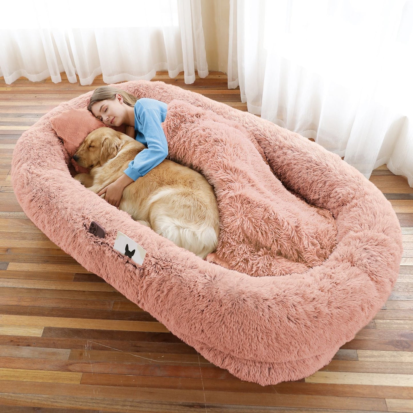Human Dog Bed, Large Size Fits You and Pets, Washable Faux Fur Dog Bed for People Doze Off, Napping Orthopedic Dog Bed, Present Plump Pillow, Blanket, Strap - DelightsDownSouth