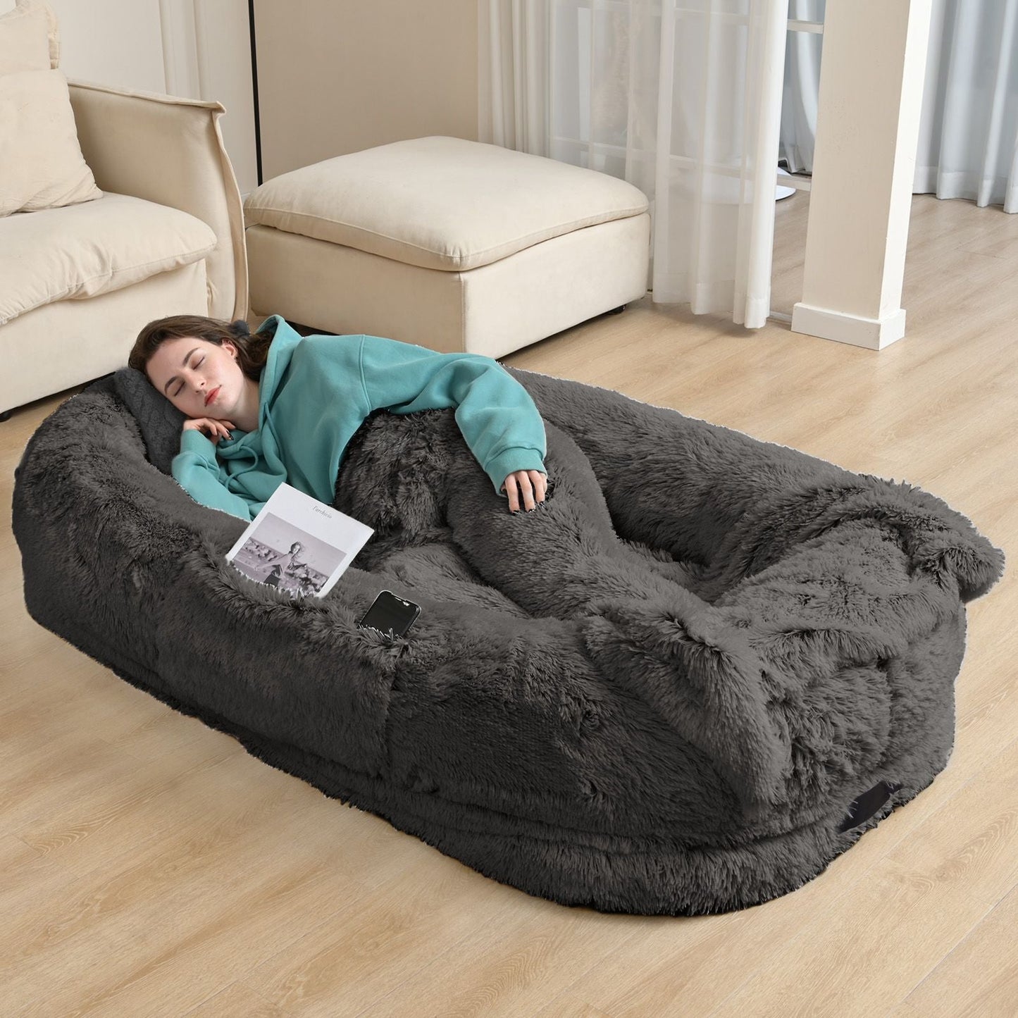 Human Dog Bed, Large Size Fits You and Pets, Washable Faux Fur Dog Bed for People Doze Off, Napping Orthopedic Dog Bed, Present Plump Pillow, Blanket, Strap - DelightsDownSouth