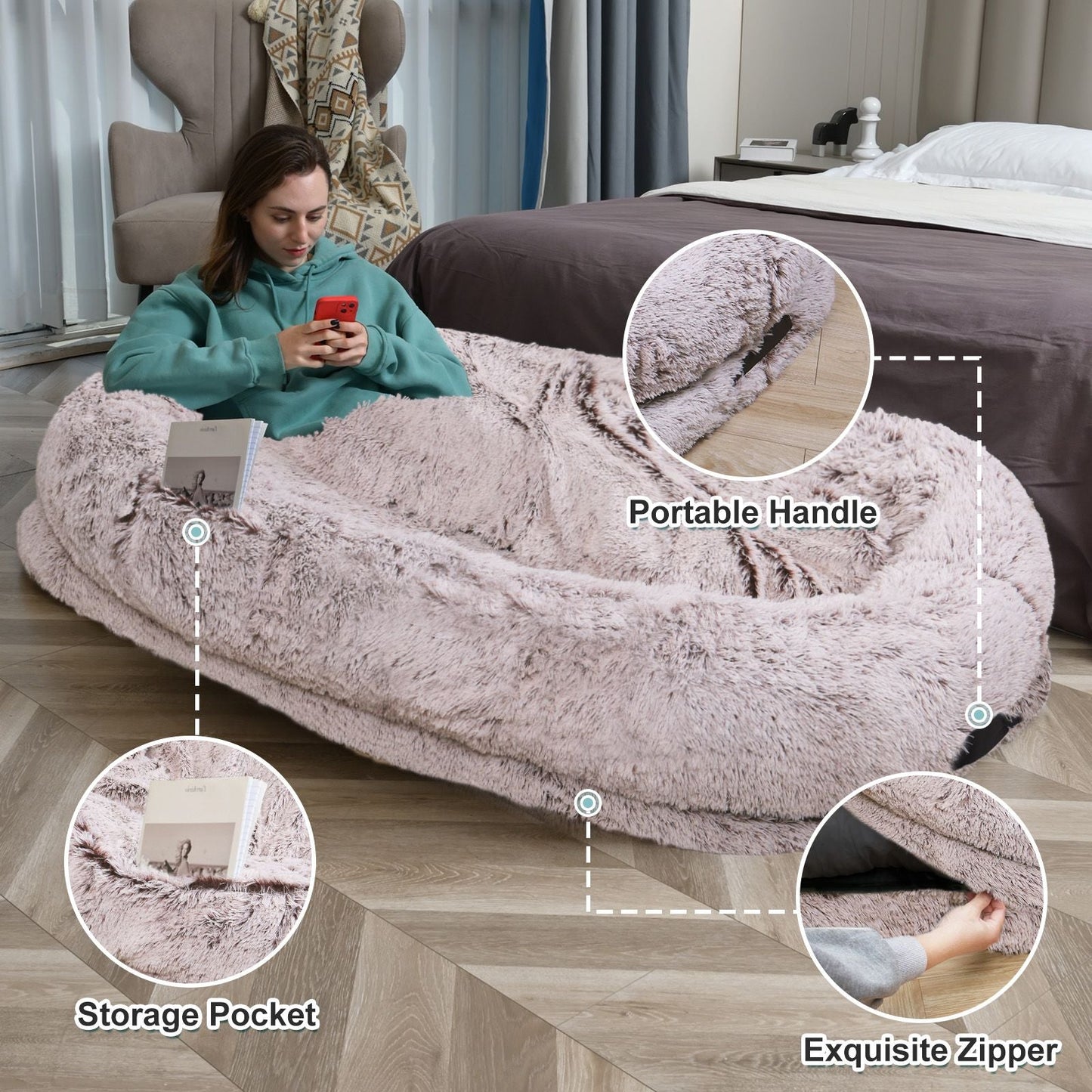Human Dog Bed, Large Size Fits You and Pets, Washable Faux Fur Dog Bed for People Doze Off, Napping Orthopedic Dog Bed, Present Plump Pillow, Blanket, Strap - DelightsDownSouth