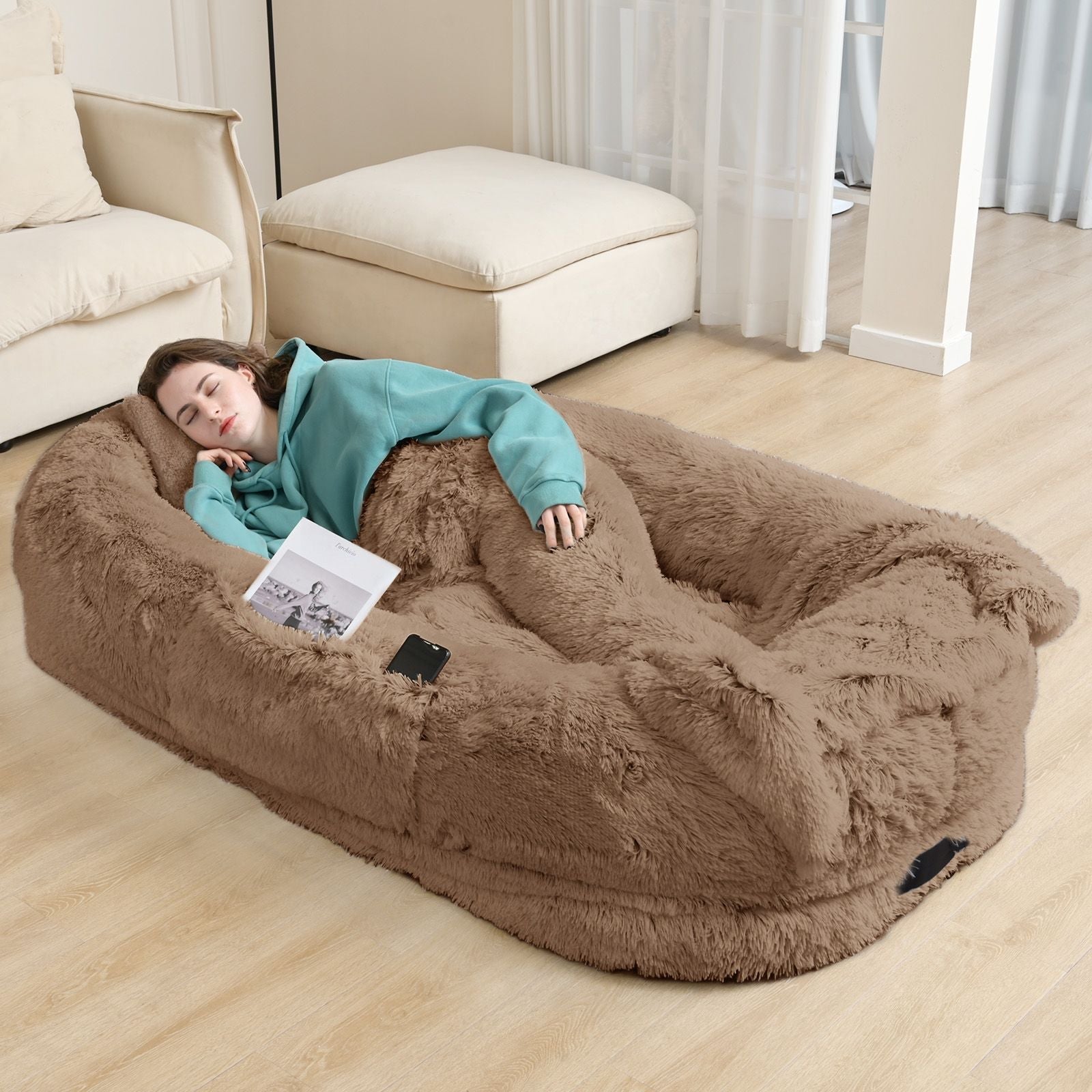 Human Dog Bed, Large Size Fits You and Pets, Washable Faux Fur Dog Bed for People Doze Off, Napping Orthopedic Dog Bed, Present Plump Pillow, Blanket, Strap - DelightsDownSouth