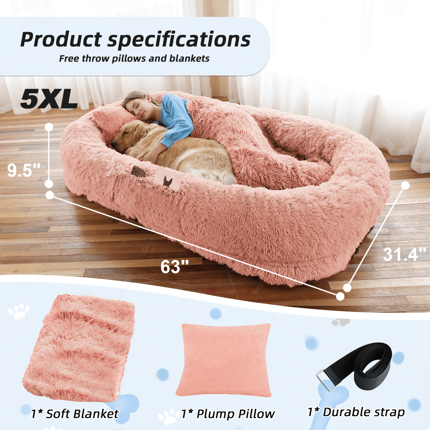Human Dog Bed, Large Size Fits You and Pets, Washable Faux Fur Dog Bed for People Doze Off, Napping Orthopedic Dog Bed, Present Plump Pillow, Blanket, Strap - DelightsDownSouth