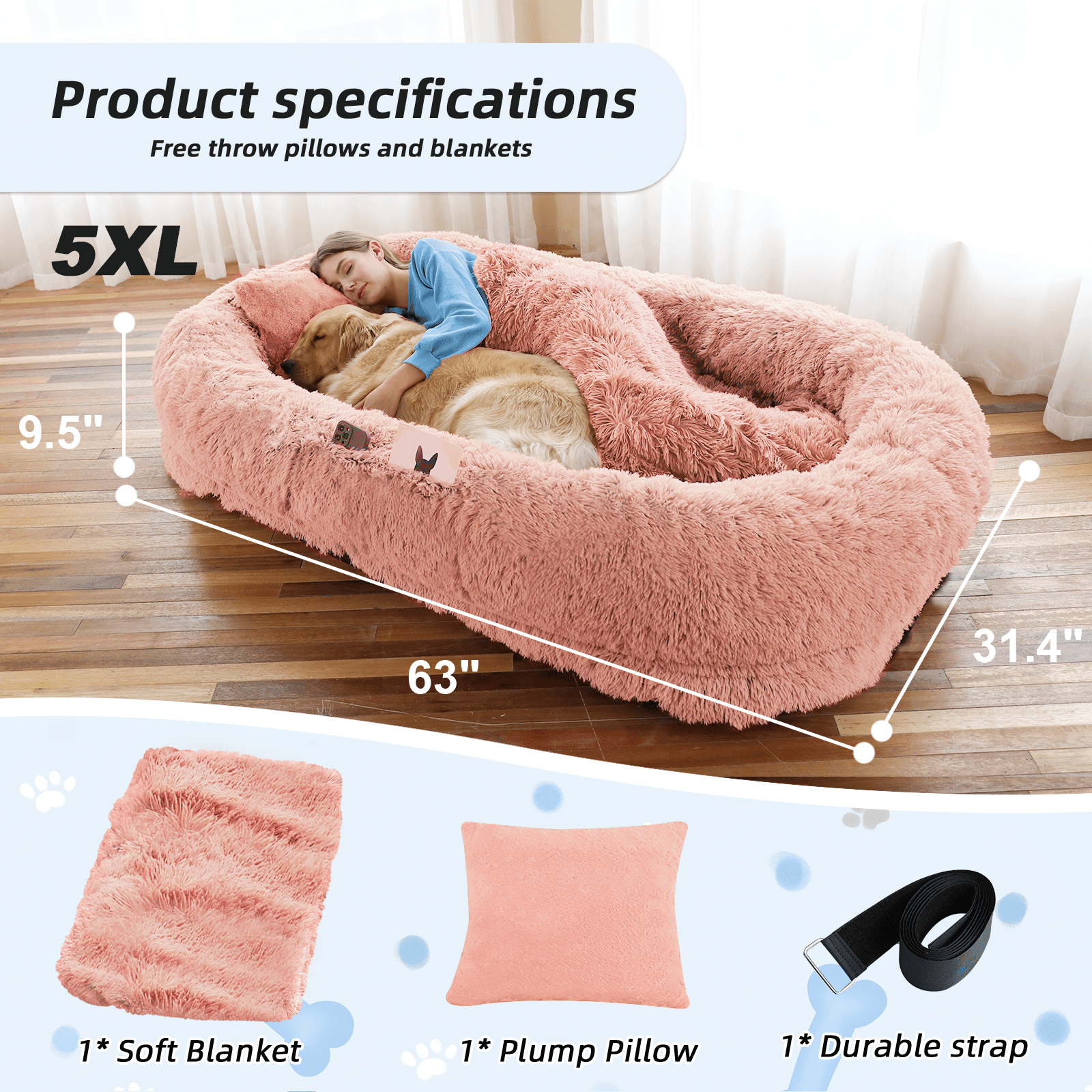 Human Dog Bed, Large Size Fits You and Pets, Washable Faux Fur Dog Bed for People Doze Off, Napping Orthopedic Dog Bed, Present Plump Pillow, Blanket, Strap - DelightsDownSouth