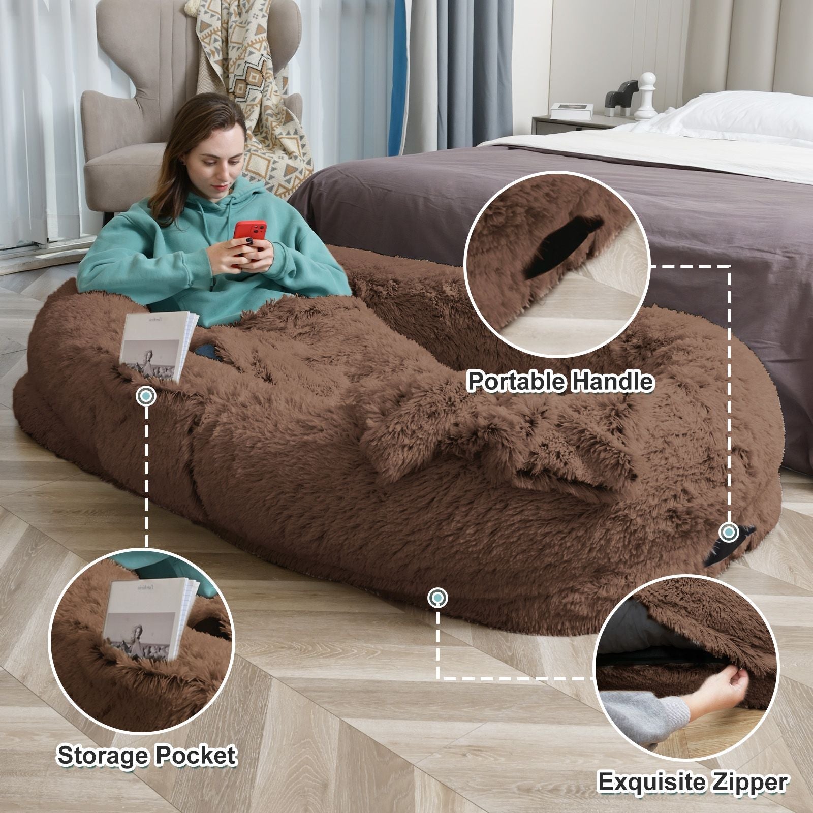 Human Dog Bed, Large Size Fits You and Pets, Washable Faux Fur Dog Bed for People Doze Off, Napping Orthopedic Dog Bed, Present Plump Pillow, Blanket, Strap - DelightsDownSouth
