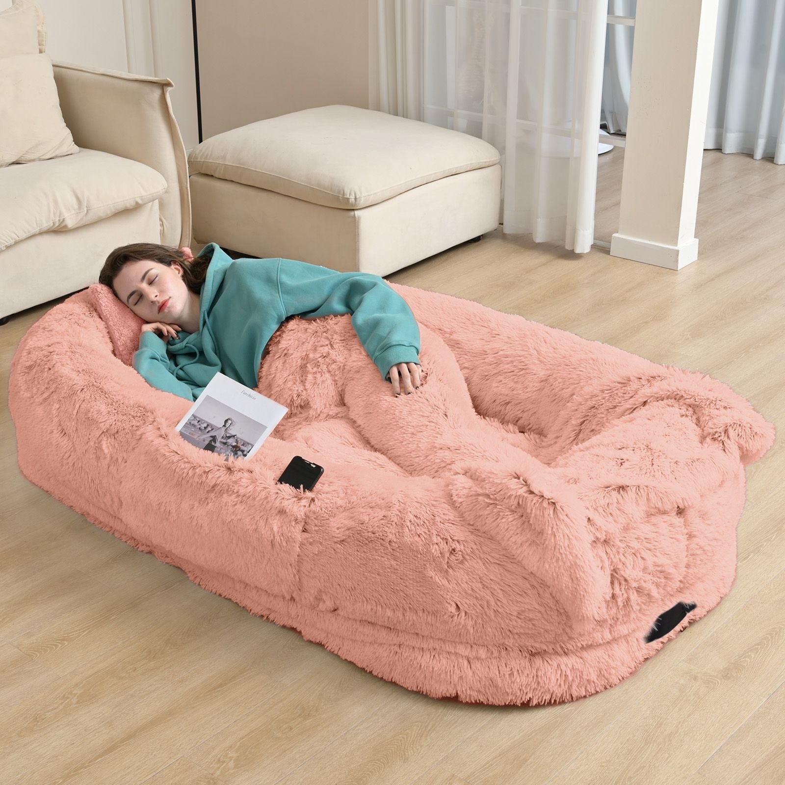 Human Dog Bed, Large Size Fits You and Pets, Washable Faux Fur Dog Bed for People Doze Off, Napping Orthopedic Dog Bed, Present Plump Pillow, Blanket, Strap - DelightsDownSouth