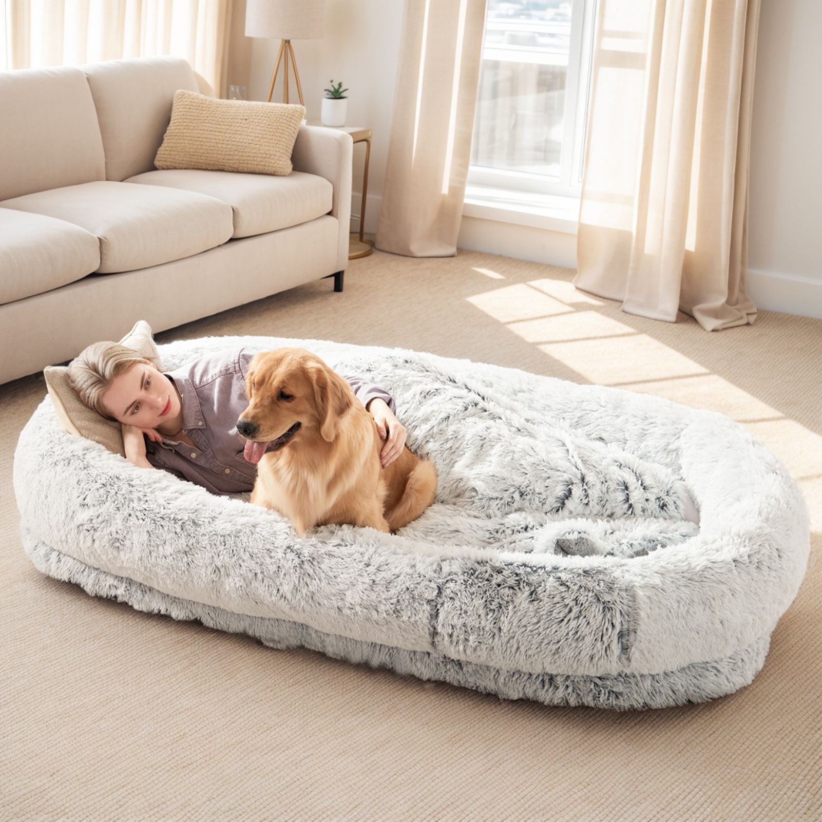 Human Dog Bed, Large Size Fits You and Pets, Washable Faux Fur Dog Bed for People Doze Off, Napping Orthopedic Dog Bed, Present Plump Pillow, Blanket, Strap - DelightsDownSouth