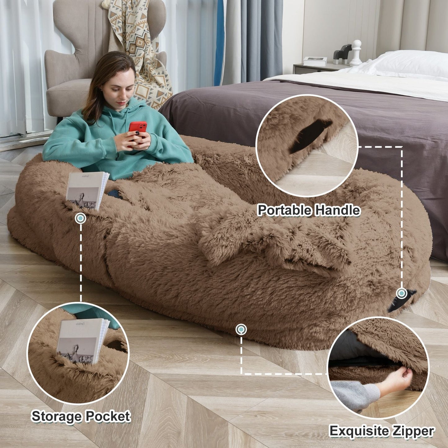 Human Dog Bed, Large Size Fits You and Pets, Washable Faux Fur Dog Bed for People Doze Off, Napping Orthopedic Dog Bed, Present Plump Pillow, Blanket, Strap - DelightsDownSouth