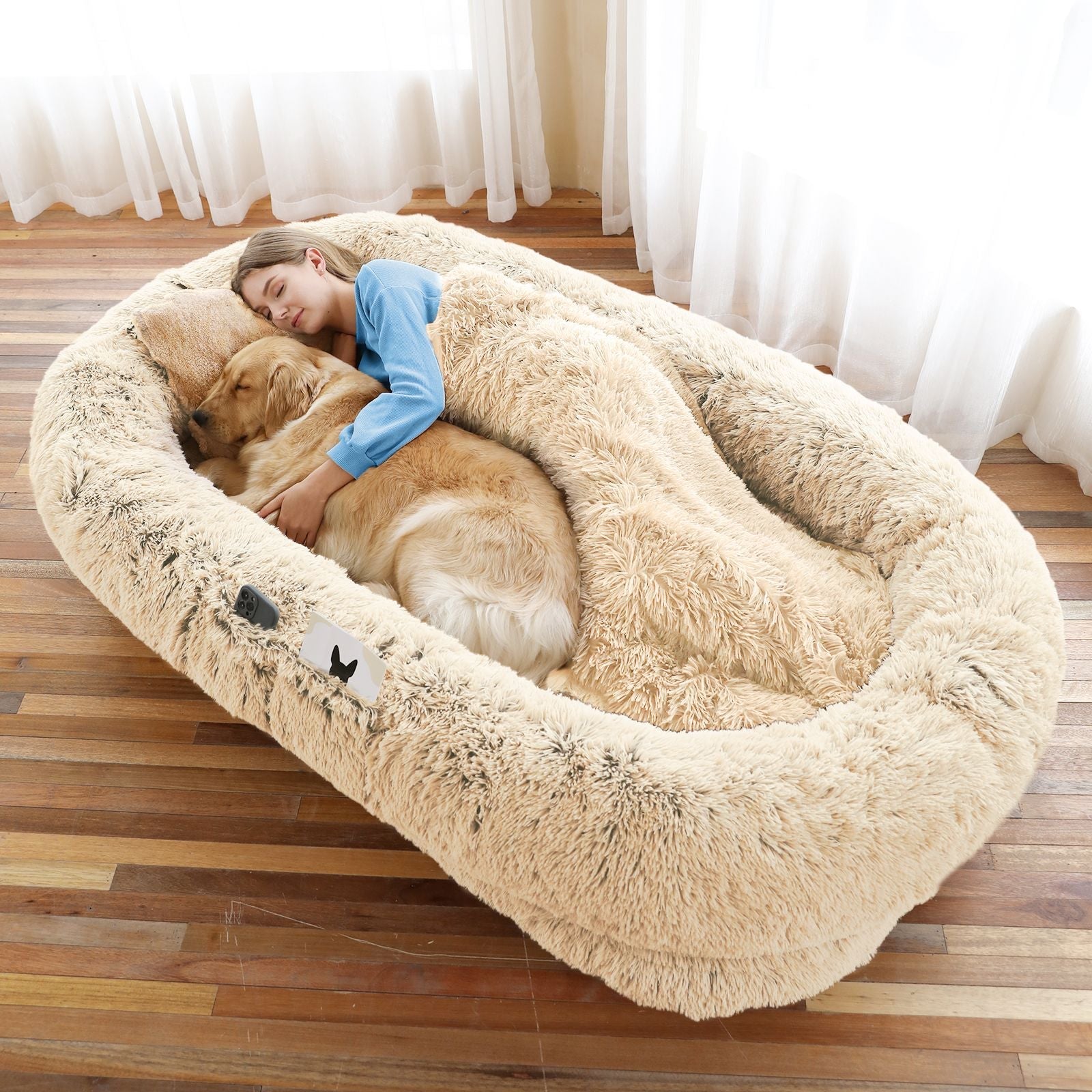 Human Dog Bed, Large Size Fits You and Pets, Washable Faux Fur Dog Bed for People Doze Off, Napping Orthopedic Dog Bed, Present Plump Pillow, Blanket, Strap - DelightsDownSouth