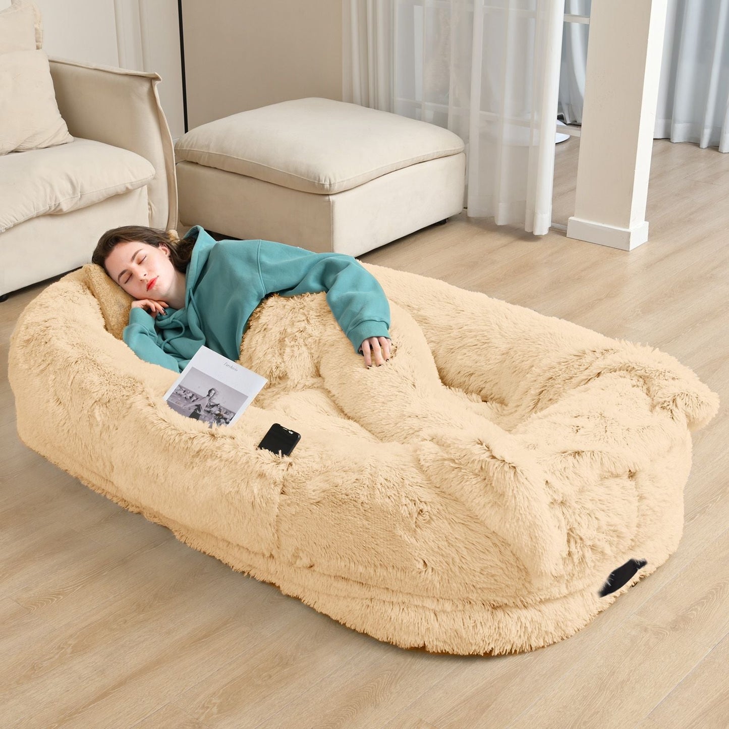 Human Dog Bed, Large Size Fits You and Pets, Washable Faux Fur Dog Bed for People Doze Off, Napping Orthopedic Dog Bed, Present Plump Pillow, Blanket, Strap - DelightsDownSouth