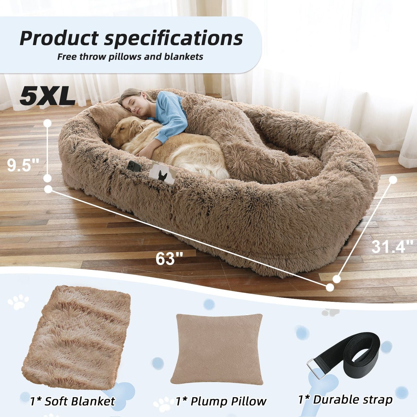 Human Dog Bed, Large Size Fits You and Pets, Washable Faux Fur Dog Bed for People Doze Off, Napping Orthopedic Dog Bed, Present Plump Pillow, Blanket, Strap - DelightsDownSouth