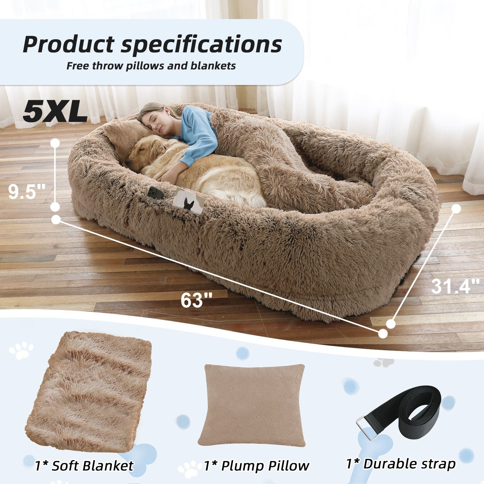 Human Dog Bed, Large Size Fits You and Pets, Washable Faux Fur Dog Bed for People Doze Off, Napping Orthopedic Dog Bed, Present Plump Pillow, Blanket, Strap - DelightsDownSouth