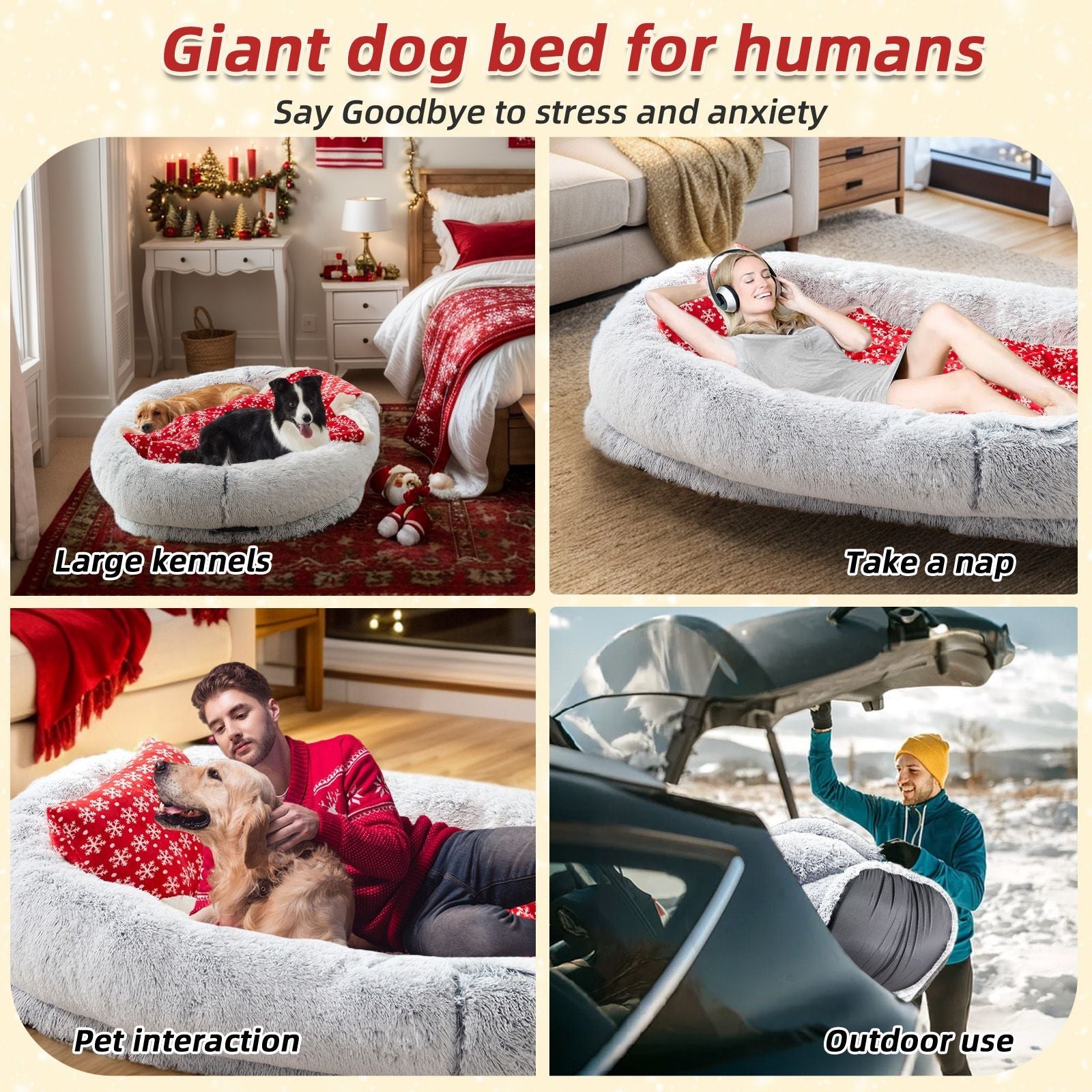 Human Dog Bed, Large Size Fits You and Pets, Washable Faux Fur Dog Bed for People Doze Off, Napping Orthopedic Dog Bed, Present Plump Pillow, Blanket, Strap - DelightsDownSouth