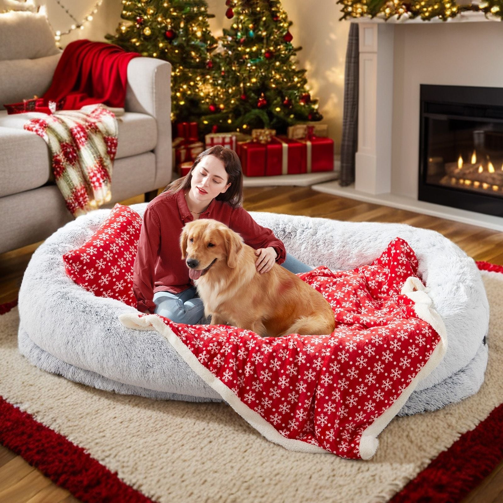 Human Dog Bed, Large Size Fits You and Pets, Washable Faux Fur Dog Bed for People Doze Off, Napping Orthopedic Dog Bed, Present Plump Pillow, Blanket, Strap - DelightsDownSouth