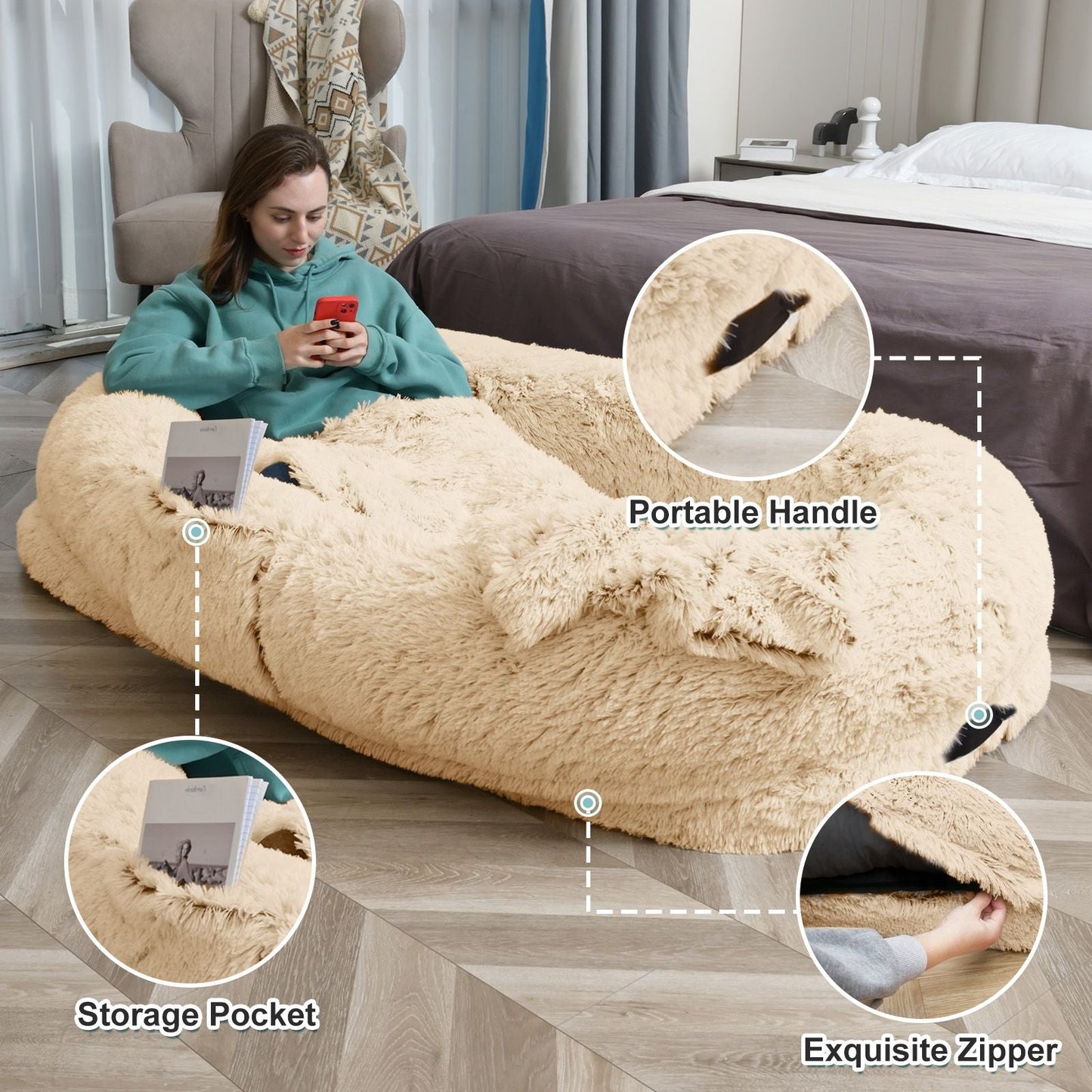 Human Dog Bed, Large Size Fits You and Pets, Washable Faux Fur Dog Bed for People Doze Off, Napping Orthopedic Dog Bed, Present Plump Pillow, Blanket, Strap - DelightsDownSouth