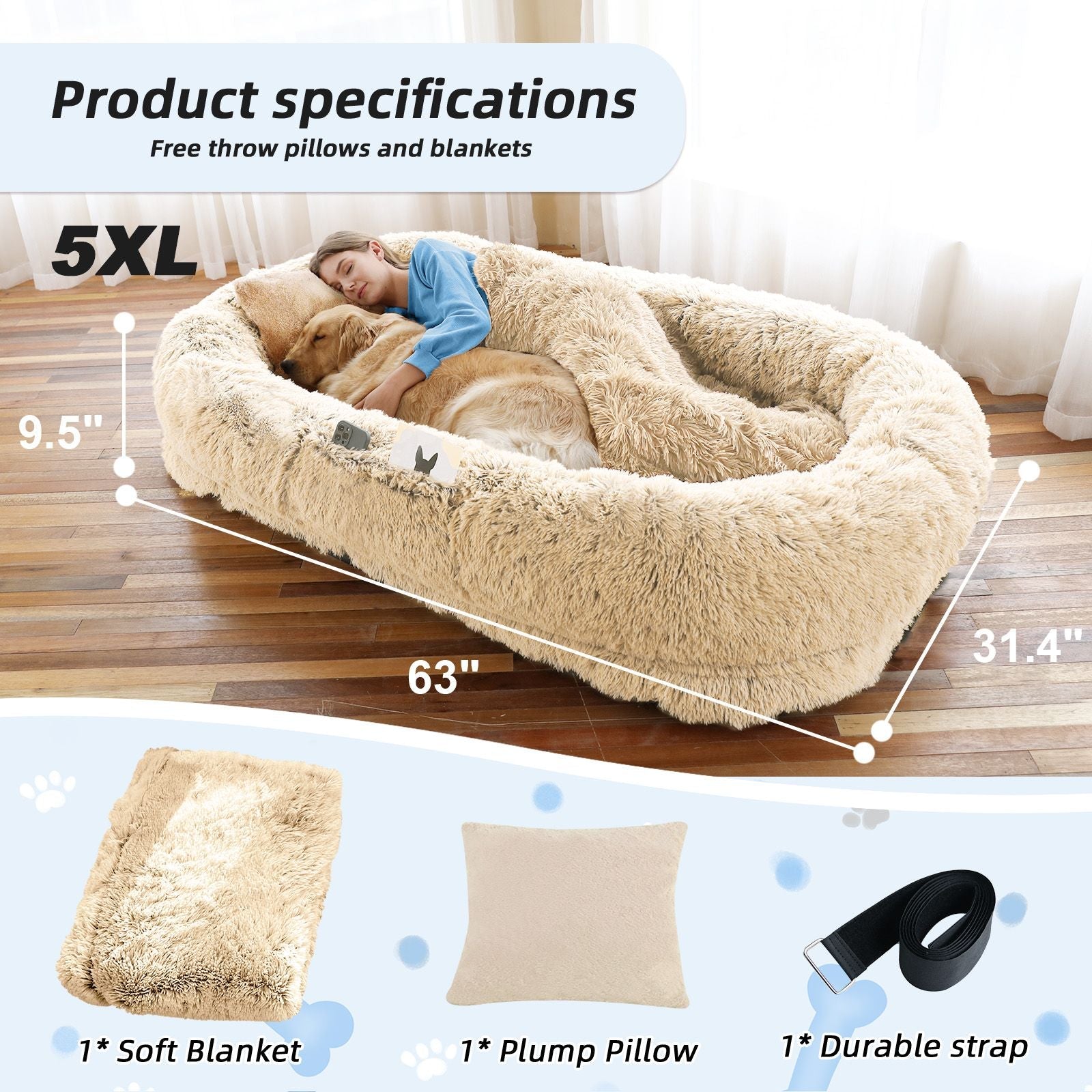 Human Dog Bed, Large Size Fits You and Pets, Washable Faux Fur Dog Bed for People Doze Off, Napping Orthopedic Dog Bed, Present Plump Pillow, Blanket, Strap - DelightsDownSouth