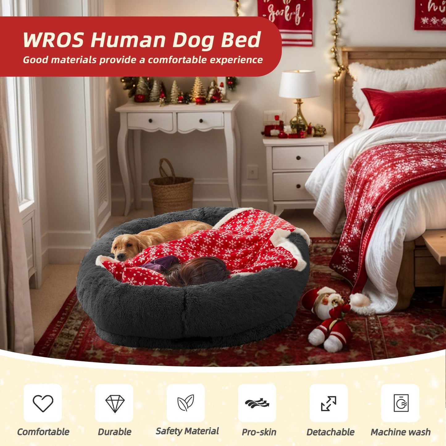 Human Dog Bed, Large Size Fits You and Pets, Washable Faux Fur Dog Bed for People Doze Off, Napping Orthopedic Dog Bed, Present Plump Pillow, Blanket, Strap - DelightsDownSouth