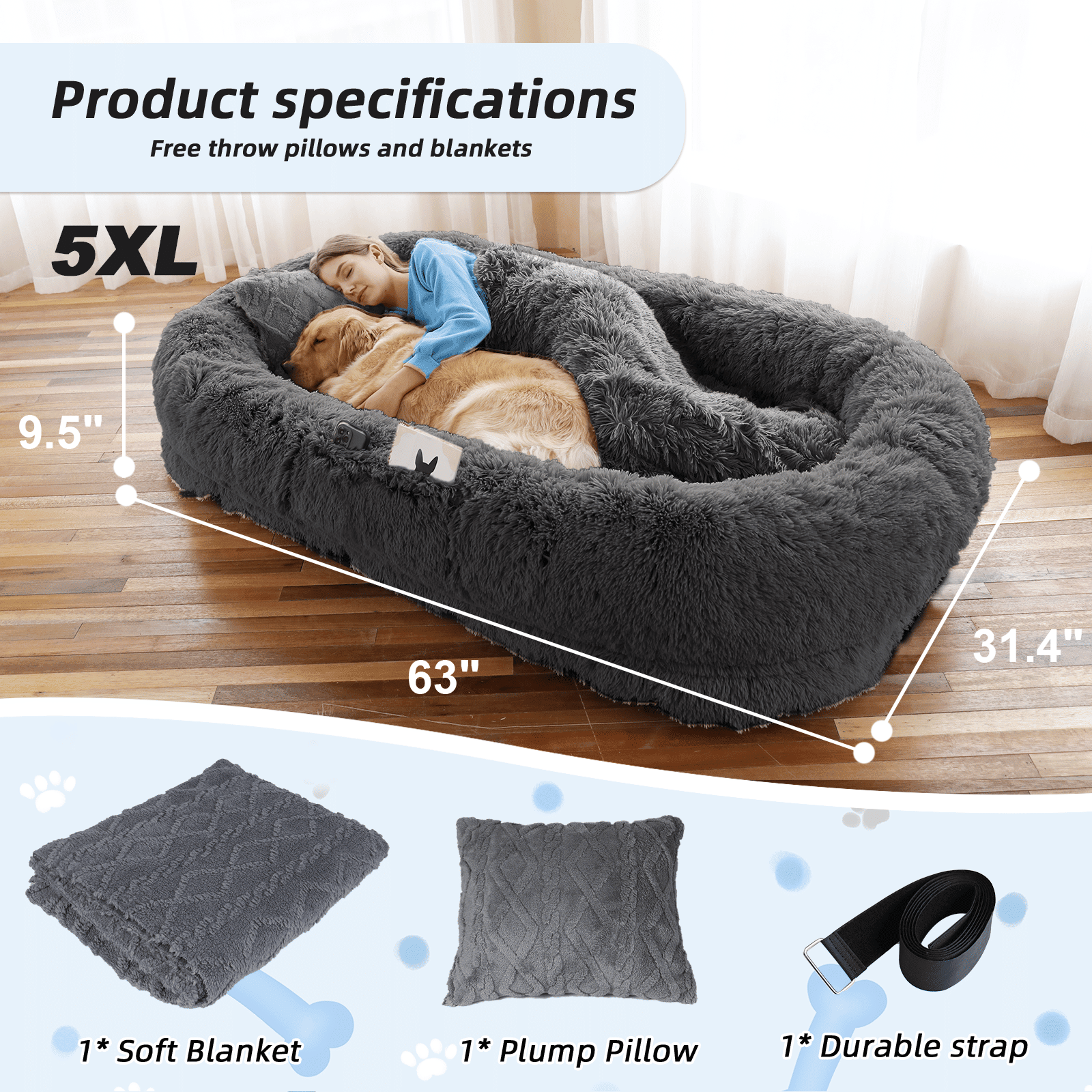 Human Dog Bed, Large Size Fits You and Pets, Washable Faux Fur Dog Bed for People Doze Off, Napping Orthopedic Dog Bed, Present Plump Pillow, Blanket, Strap - DelightsDownSouth