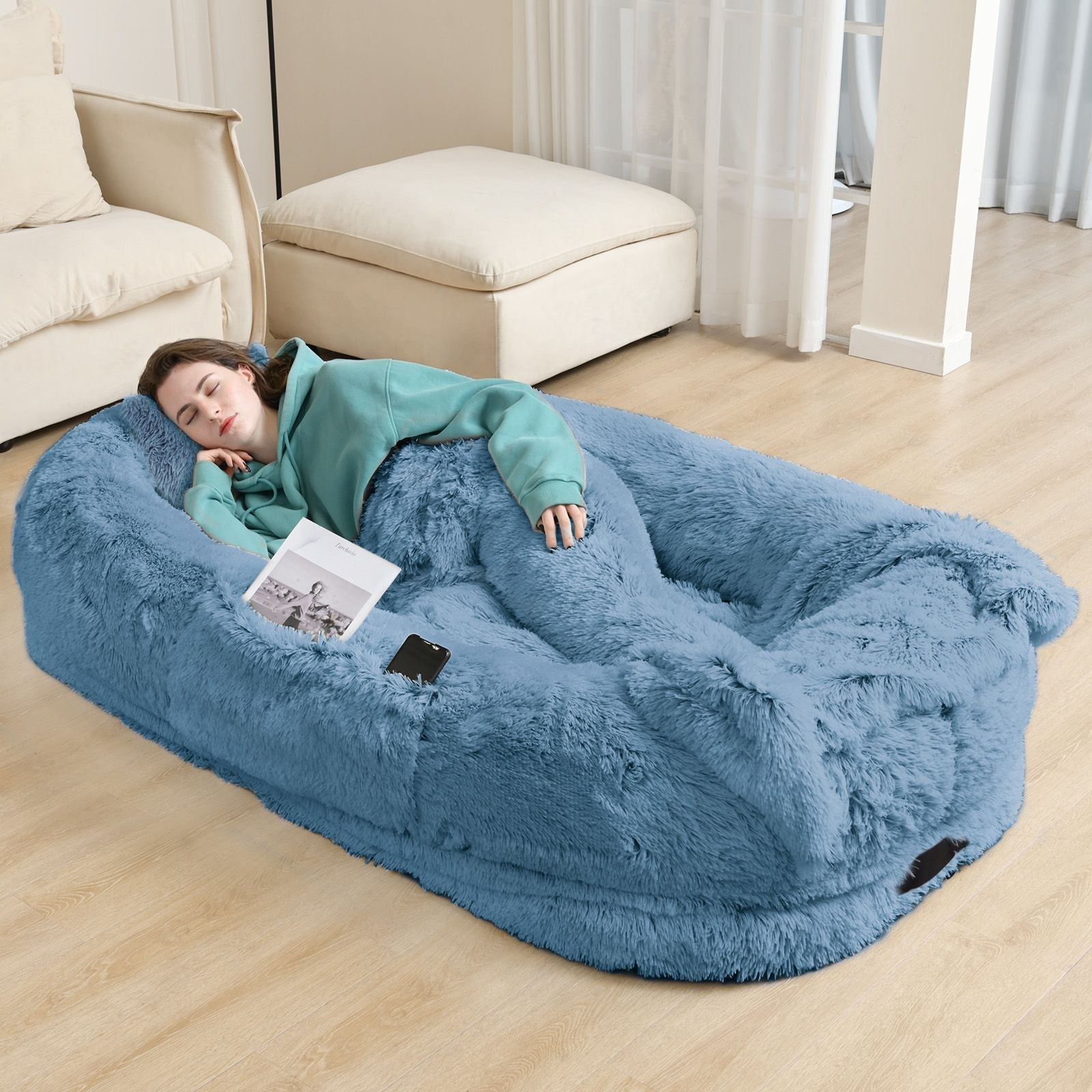 Human Dog Bed, Large Size Fits You and Pets, Washable Faux Fur Dog Bed for People Doze Off, Napping Orthopedic Dog Bed, Present Plump Pillow, Blanket, Strap - DelightsDownSouth