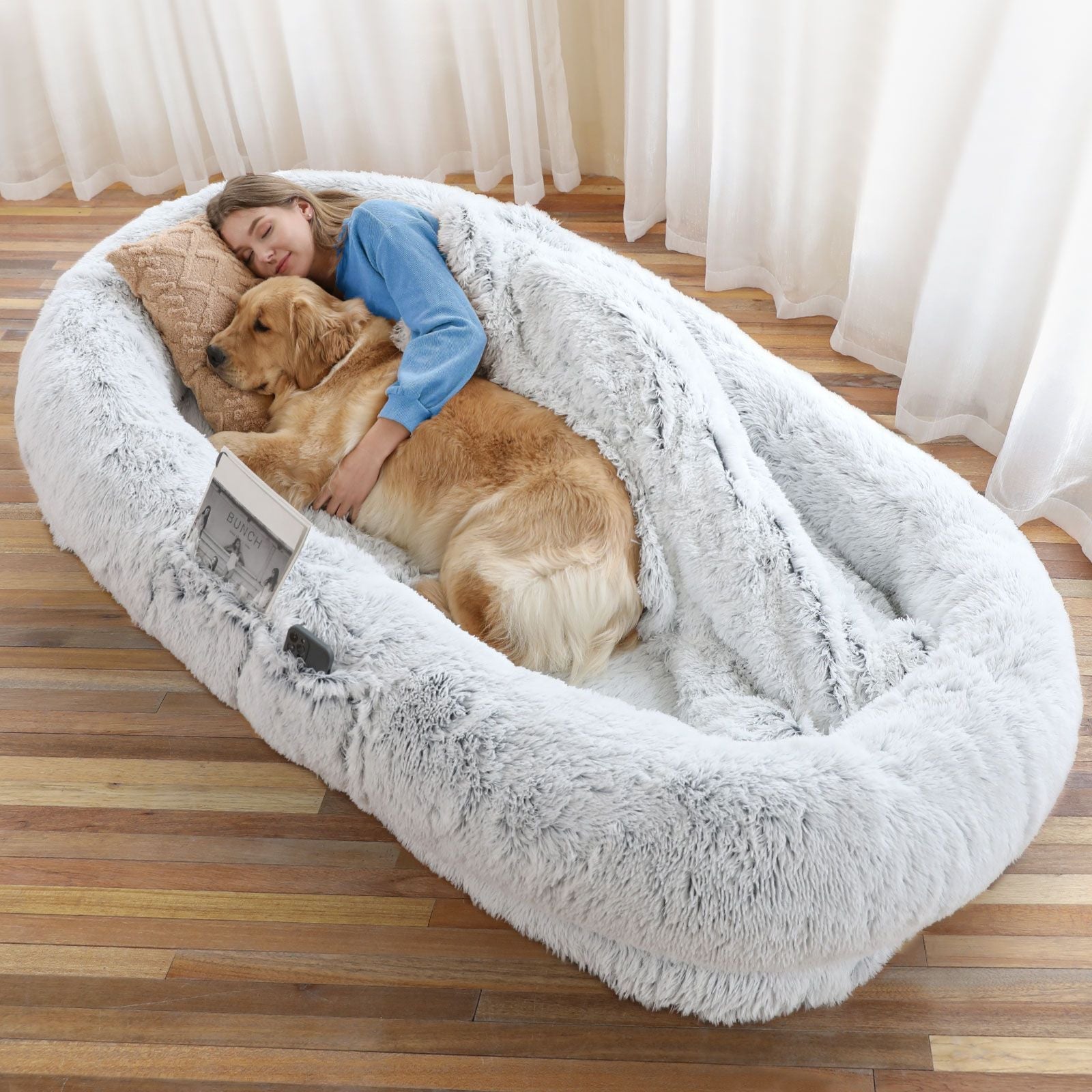 Human Dog Bed, Large Size Fits You and Pets, Washable Faux Fur Dog Bed for People Doze Off, Napping Orthopedic Dog Bed, Present Plump Pillow, Blanket, Strap - DelightsDownSouth