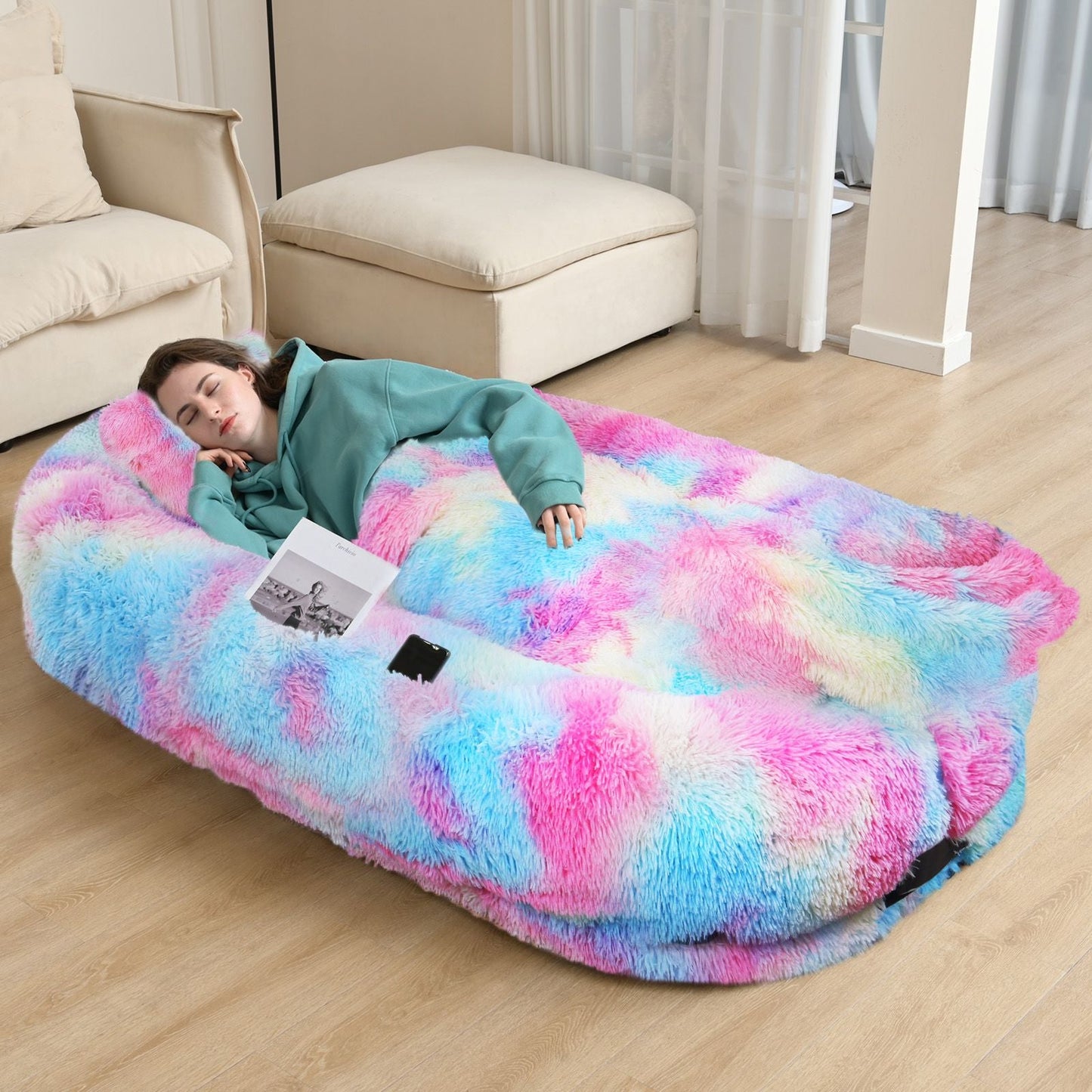 Human Dog Bed, Large Size Fits You and Pets, Washable Faux Fur Dog Bed for People Doze Off, Napping Orthopedic Dog Bed, Present Plump Pillow, Blanket, Strap - DelightsDownSouth