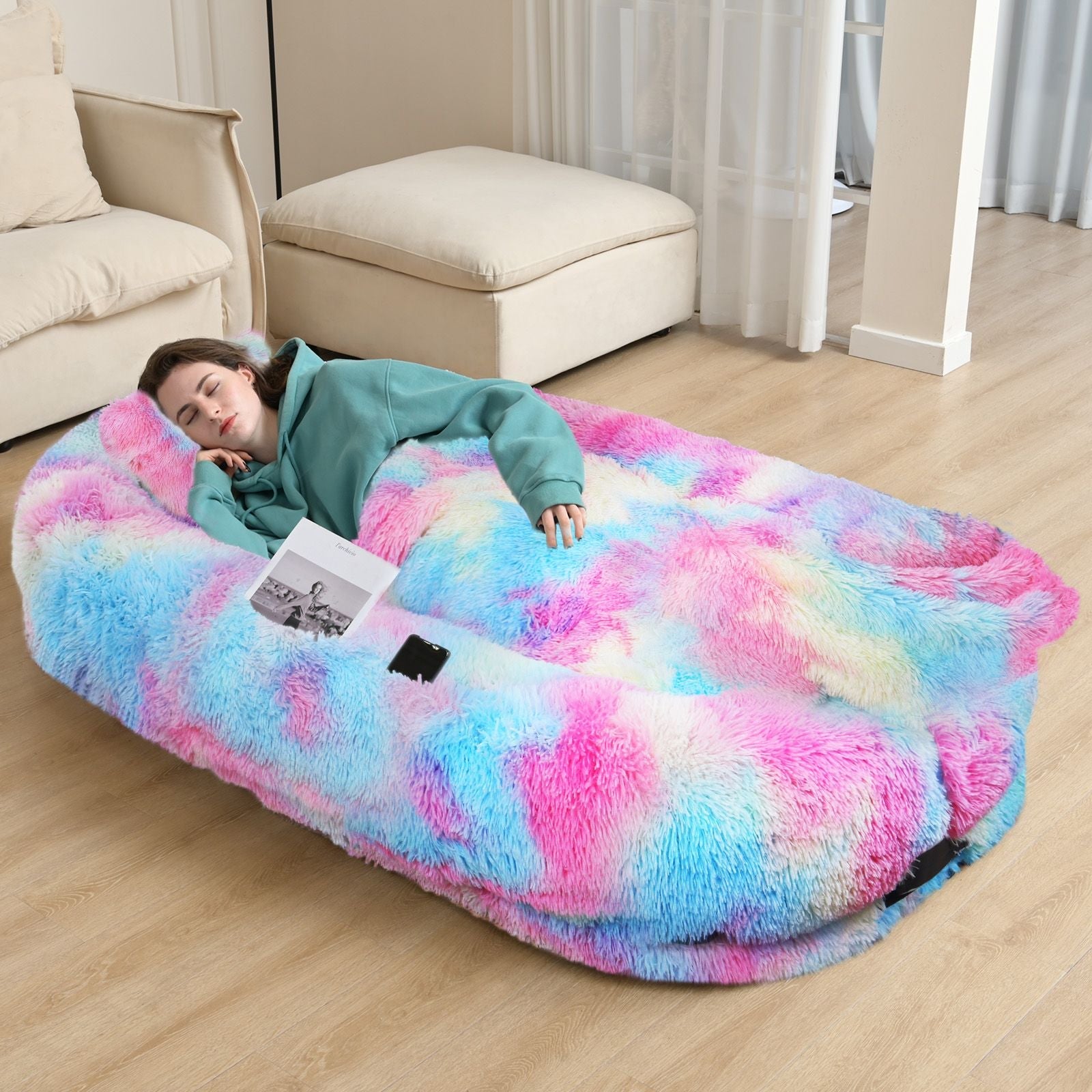Human Dog Bed, Large Size Fits You and Pets, Washable Faux Fur Dog Bed for People Doze Off, Napping Orthopedic Dog Bed, Present Plump Pillow, Blanket, Strap - DelightsDownSouth