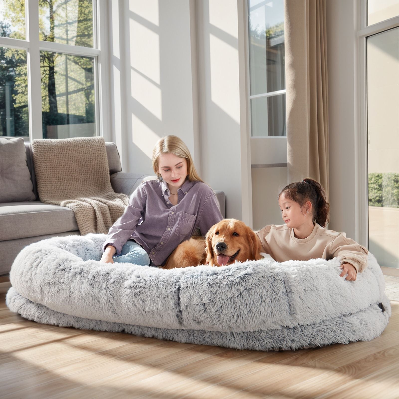 Human Dog Bed, Large Size Fits You and Pets, Washable Faux Fur Dog Bed for People Doze Off, Napping Orthopedic Dog Bed, Present Plump Pillow, Blanket, Strap - DelightsDownSouth