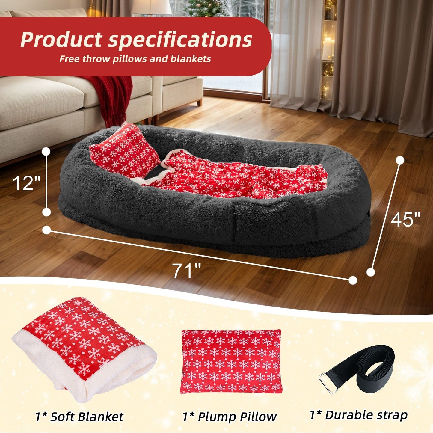 Human Dog Bed, Large Size Fits You and Pets, Washable Faux Fur Dog Bed for People Doze Off, Napping Orthopedic Dog Bed, Present Plump Pillow, Blanket, Strap - DelightsDownSouth