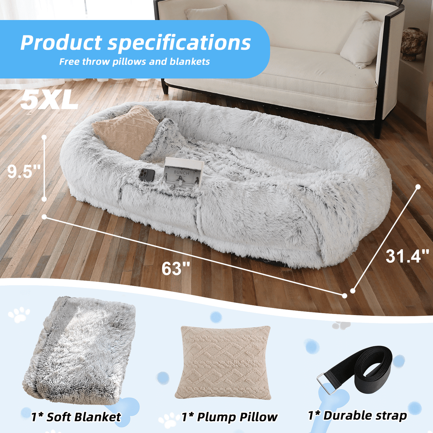 Human Dog Bed, Large Size Fits You and Pets, Washable Faux Fur Dog Bed for People Doze Off, Napping Orthopedic Dog Bed, Present Plump Pillow, Blanket, Strap - DelightsDownSouth