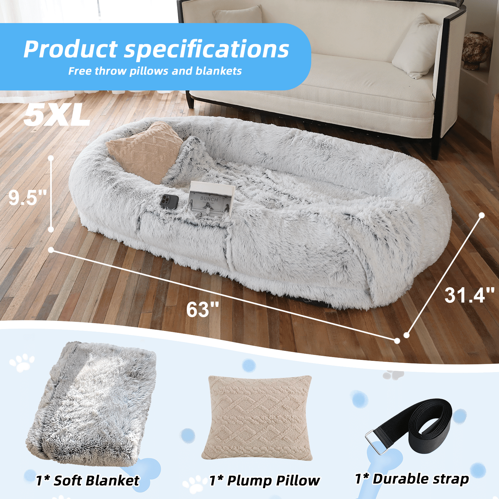 Human Dog Bed, Large Size Fits You and Pets, Washable Faux Fur Dog Bed for People Doze Off, Napping Orthopedic Dog Bed, Present Plump Pillow, Blanket, Strap - DelightsDownSouth