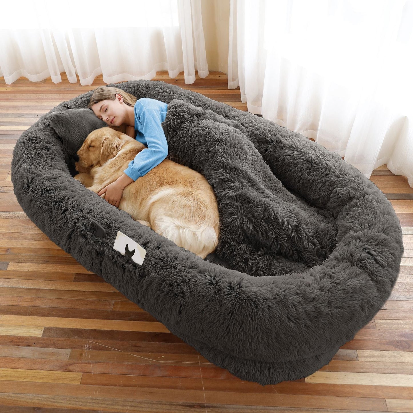 Human Dog Bed, Large Size Fits You and Pets, Washable Faux Fur Dog Bed for People Doze Off, Napping Orthopedic Dog Bed, Present Plump Pillow, Blanket, Strap - DelightsDownSouth