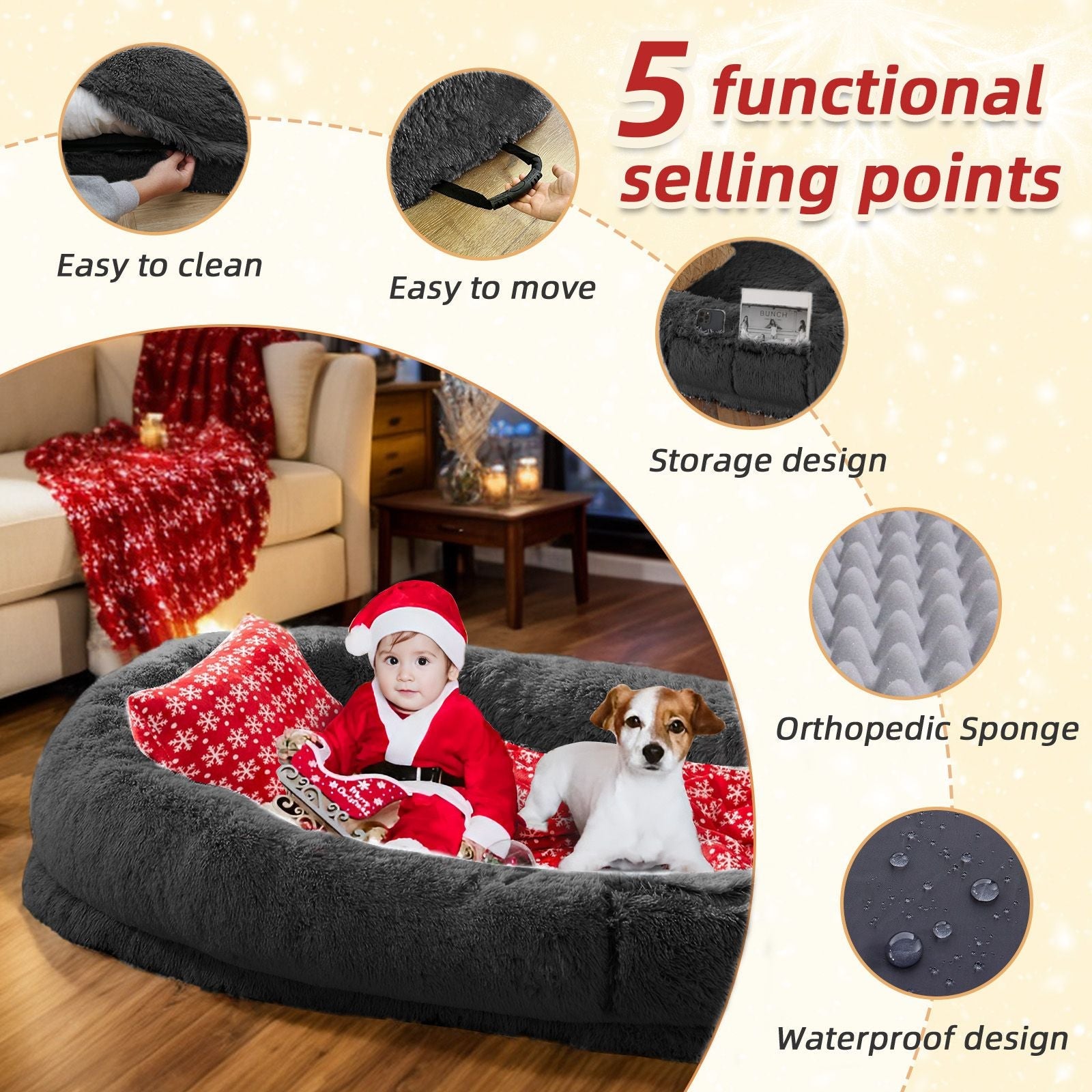 Human Dog Bed, Large Size Fits You and Pets, Washable Faux Fur Dog Bed for People Doze Off, Napping Orthopedic Dog Bed, Present Plump Pillow, Blanket, Strap - DelightsDownSouth