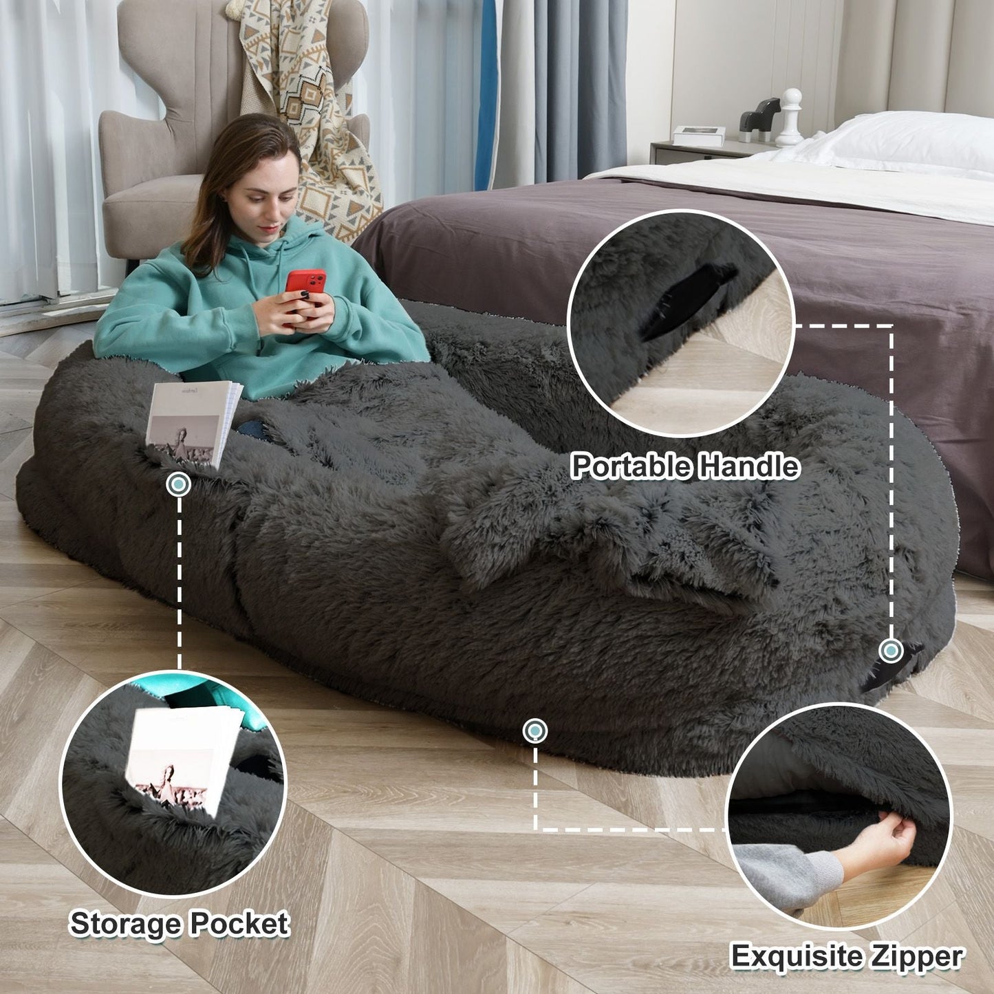 Human Dog Bed, Large Size Fits You and Pets, Washable Faux Fur Dog Bed for People Doze Off, Napping Orthopedic Dog Bed, Present Plump Pillow, Blanket, Strap - DelightsDownSouth