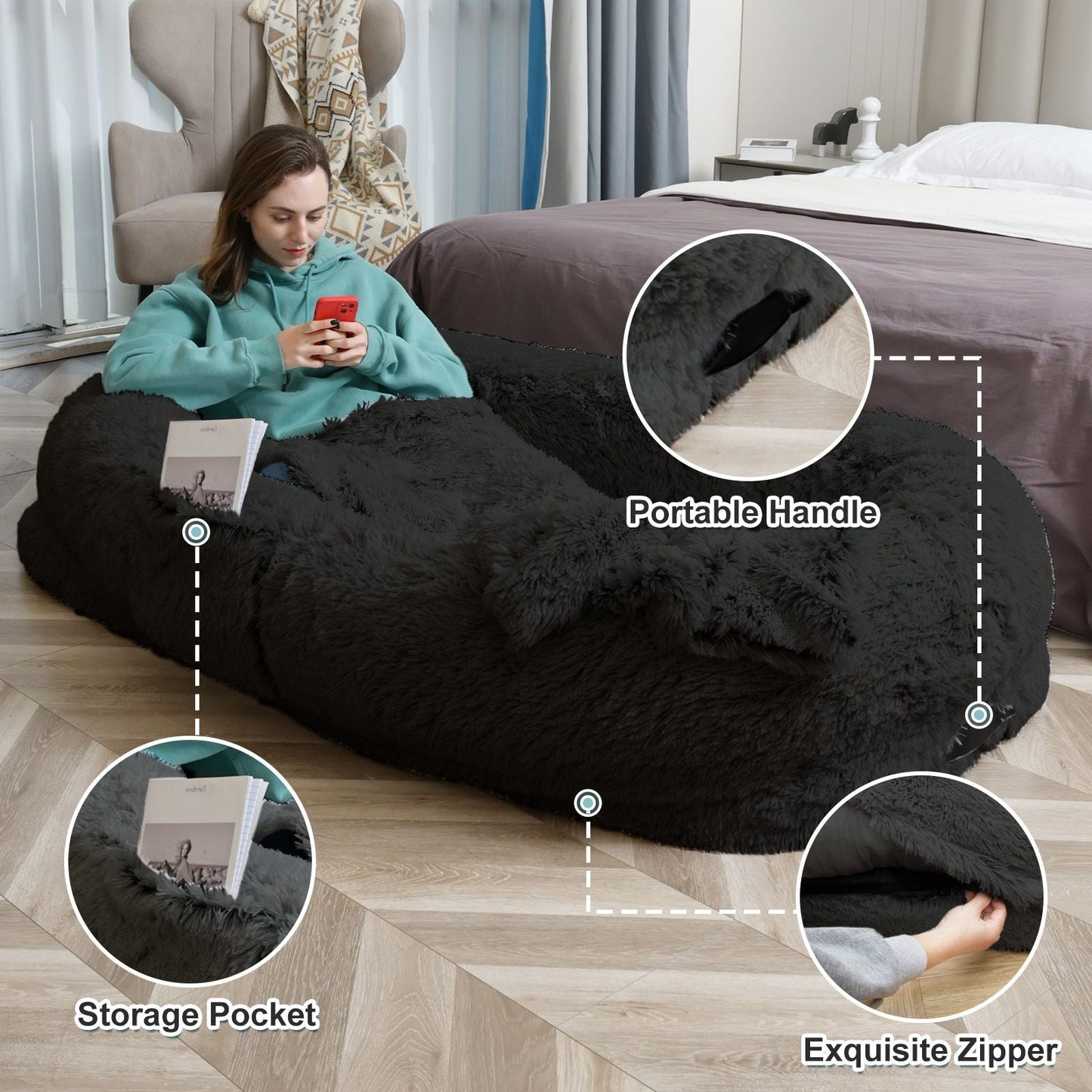 Human Dog Bed, Large Size Fits You and Pets, Washable Faux Fur Dog Bed for People Doze Off, Napping Orthopedic Dog Bed, Present Plump Pillow, Blanket, Strap - DelightsDownSouth