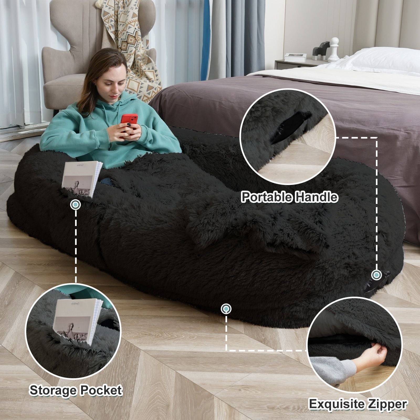 Human Dog Bed, Large Size Fits You and Pets, Washable Faux Fur Dog Bed for People Doze Off, Napping Orthopedic Dog Bed, Present Plump Pillow, Blanket, Strap - DelightsDownSouth