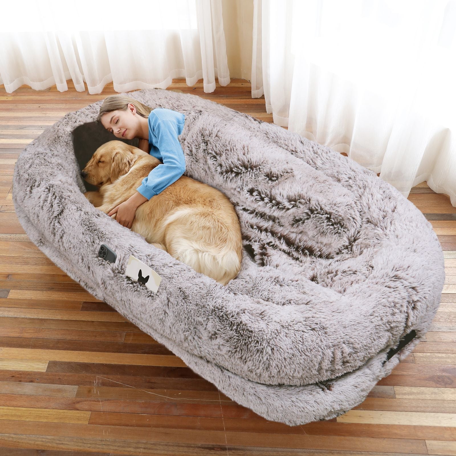 Human Dog Bed, Large Size Fits You and Pets, Washable Faux Fur Dog Bed for People Doze Off, Napping Orthopedic Dog Bed, Present Plump Pillow, Blanket, Strap - DelightsDownSouth